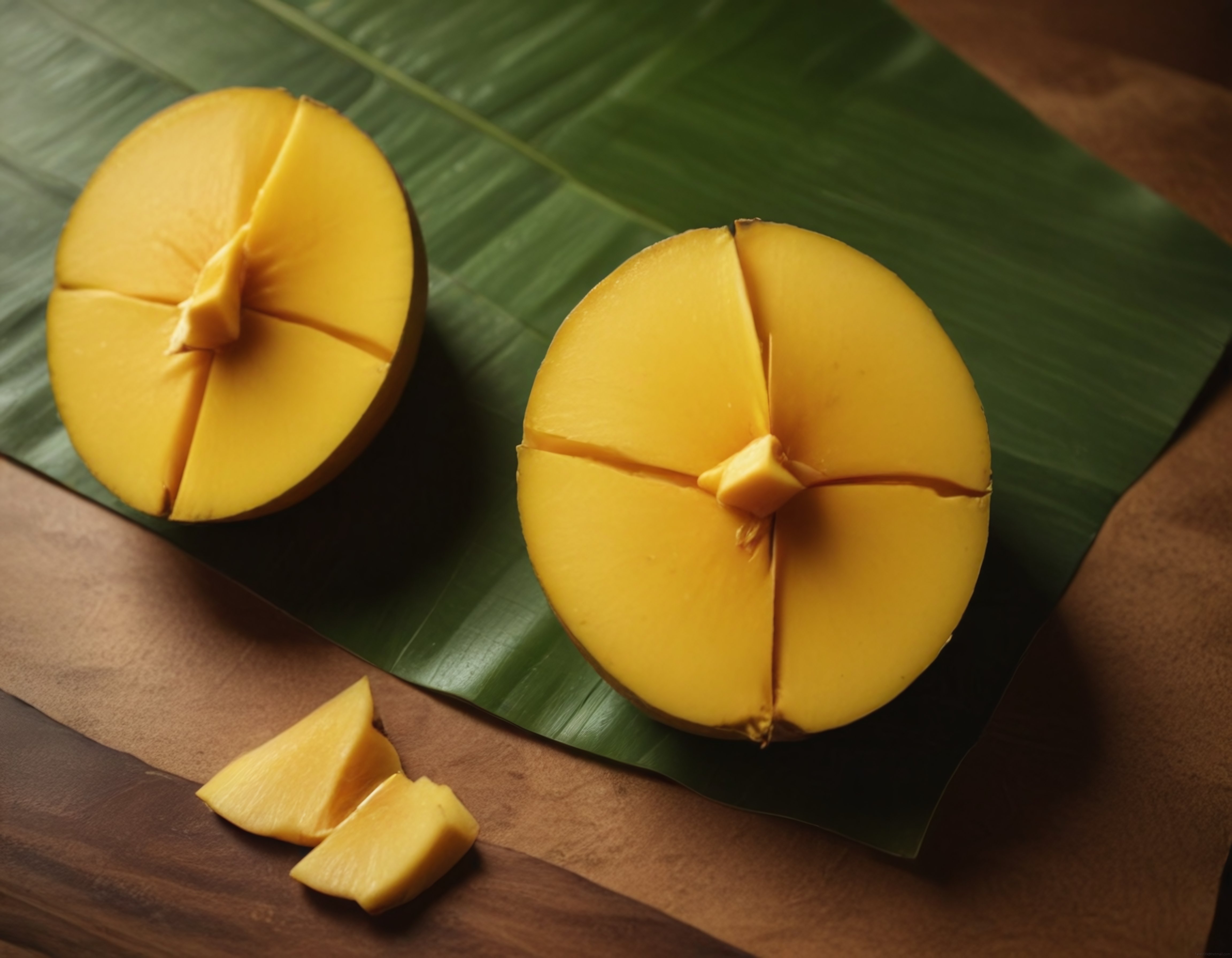 Koyu Ahşap Zemin Üzerinde Tropikal Yaprakta Dilimlenmiş Taze Mango