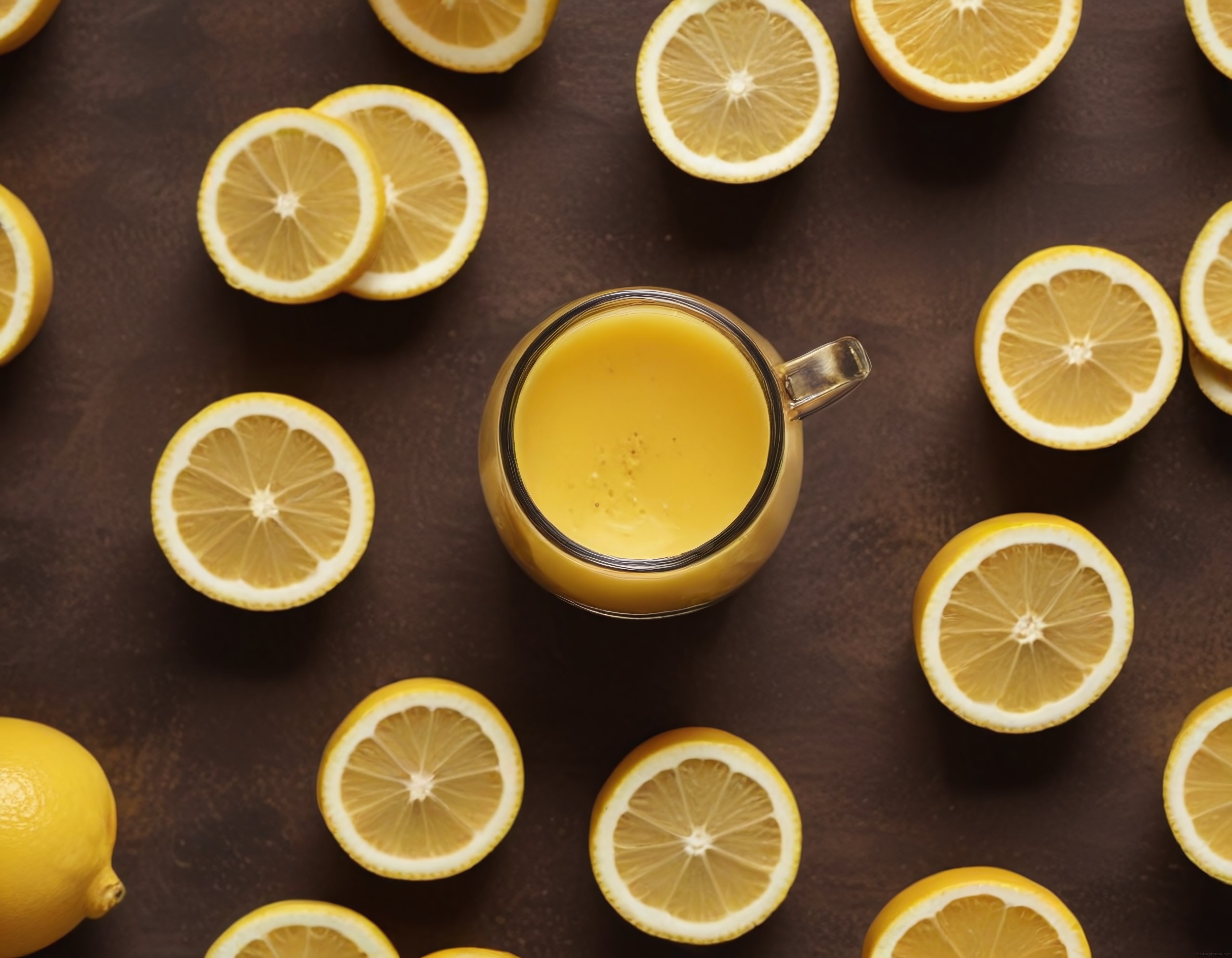 Koyu Ahşap Zeminde Cam Kulplu Kavanozda Limon Kreması ve Taze Limon Dilimleri