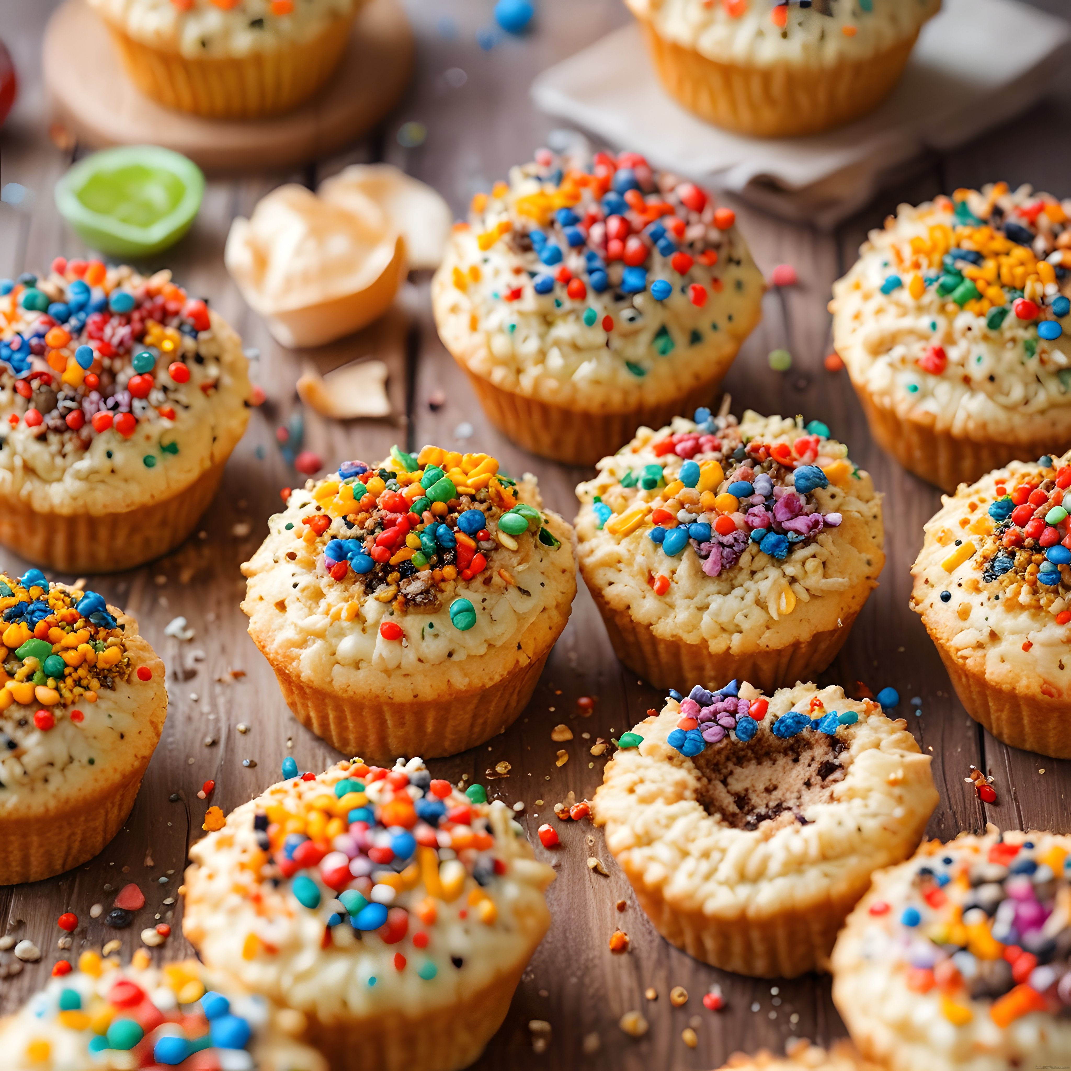 Koyu Ahşap Zeminde Rengarenk Şekerlemeli Neşeli Cupcake Sunumu