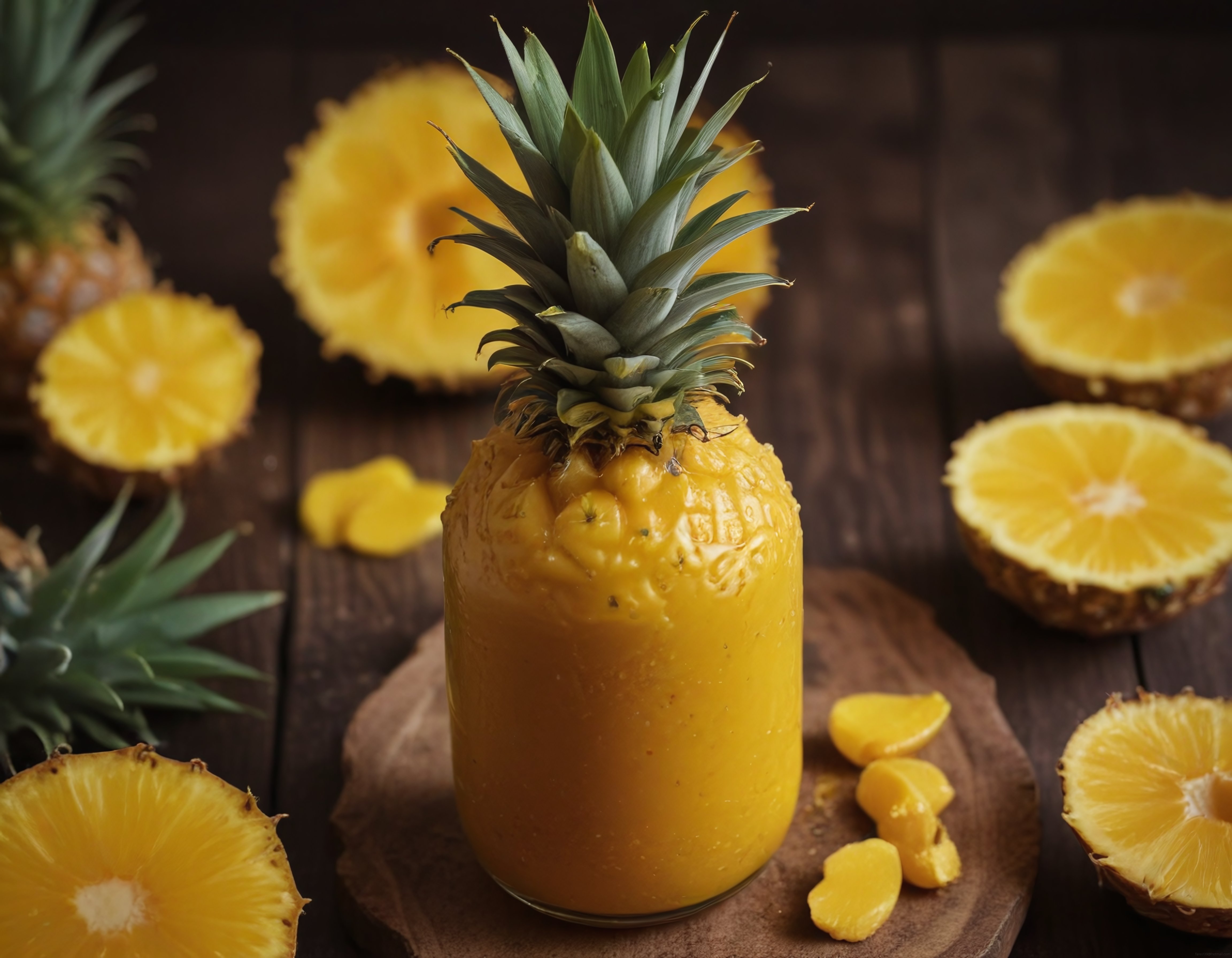 Koyu Ahşap Zeminde Taze Ananas Suyu ve Sağlıklı İçecek Sunumu