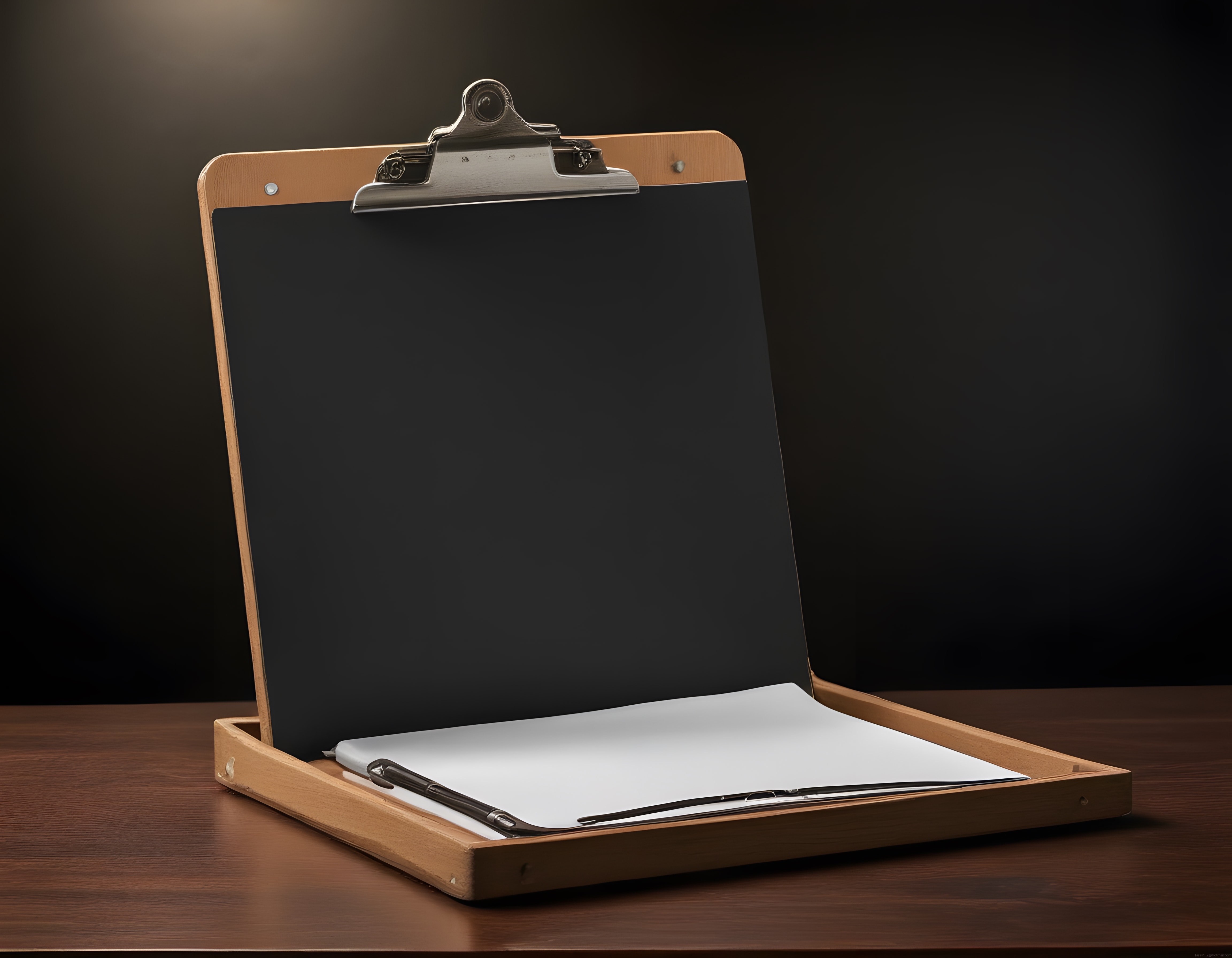 Koyu arka planda ahşap kutulu clipboard ve üzerindeki boş siyah kağıt ile kalem