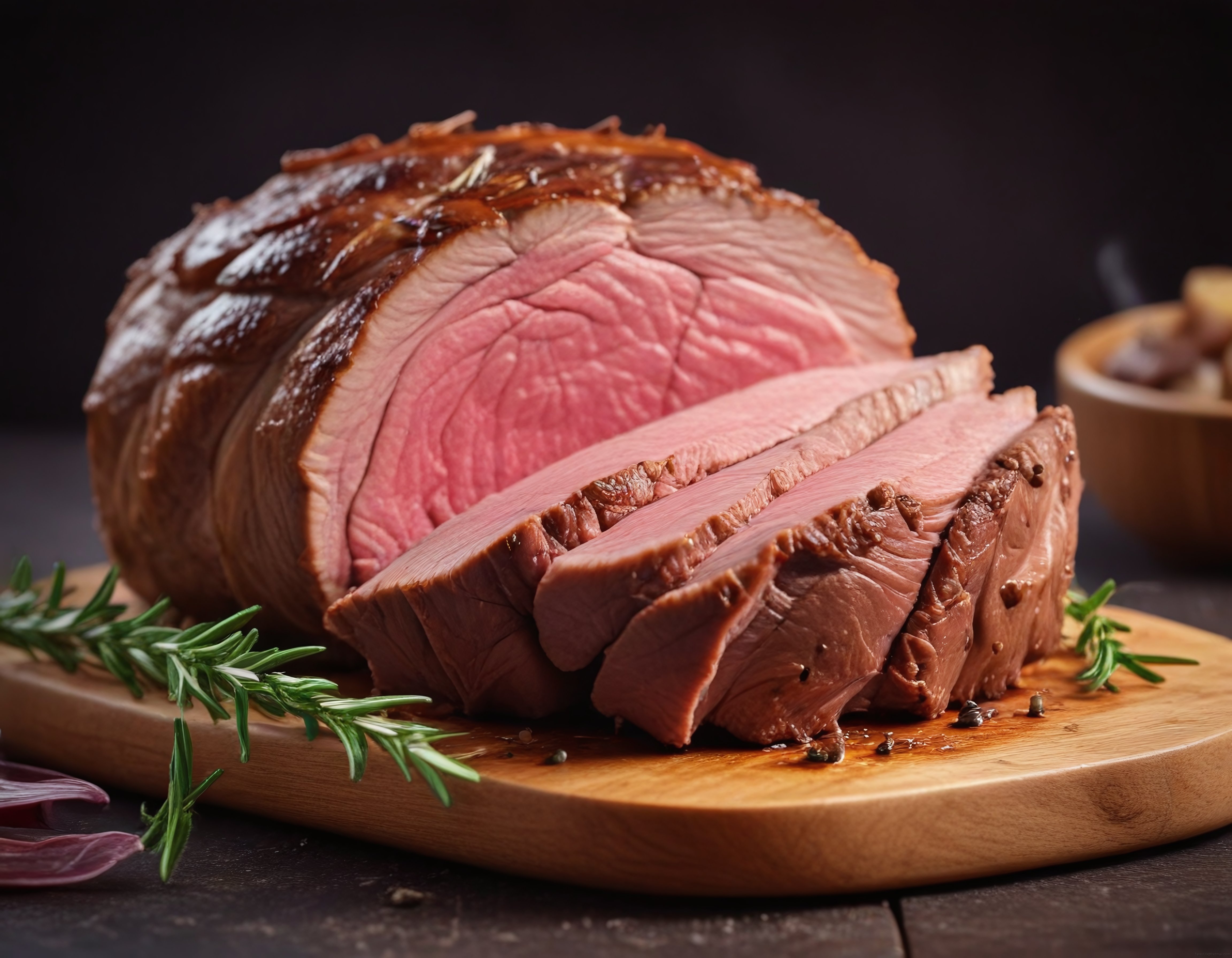 Koyu Arka Planda Ahşap Tahtada Nefis Dilimlenmiş Dana Roastbeef ve Biberiye