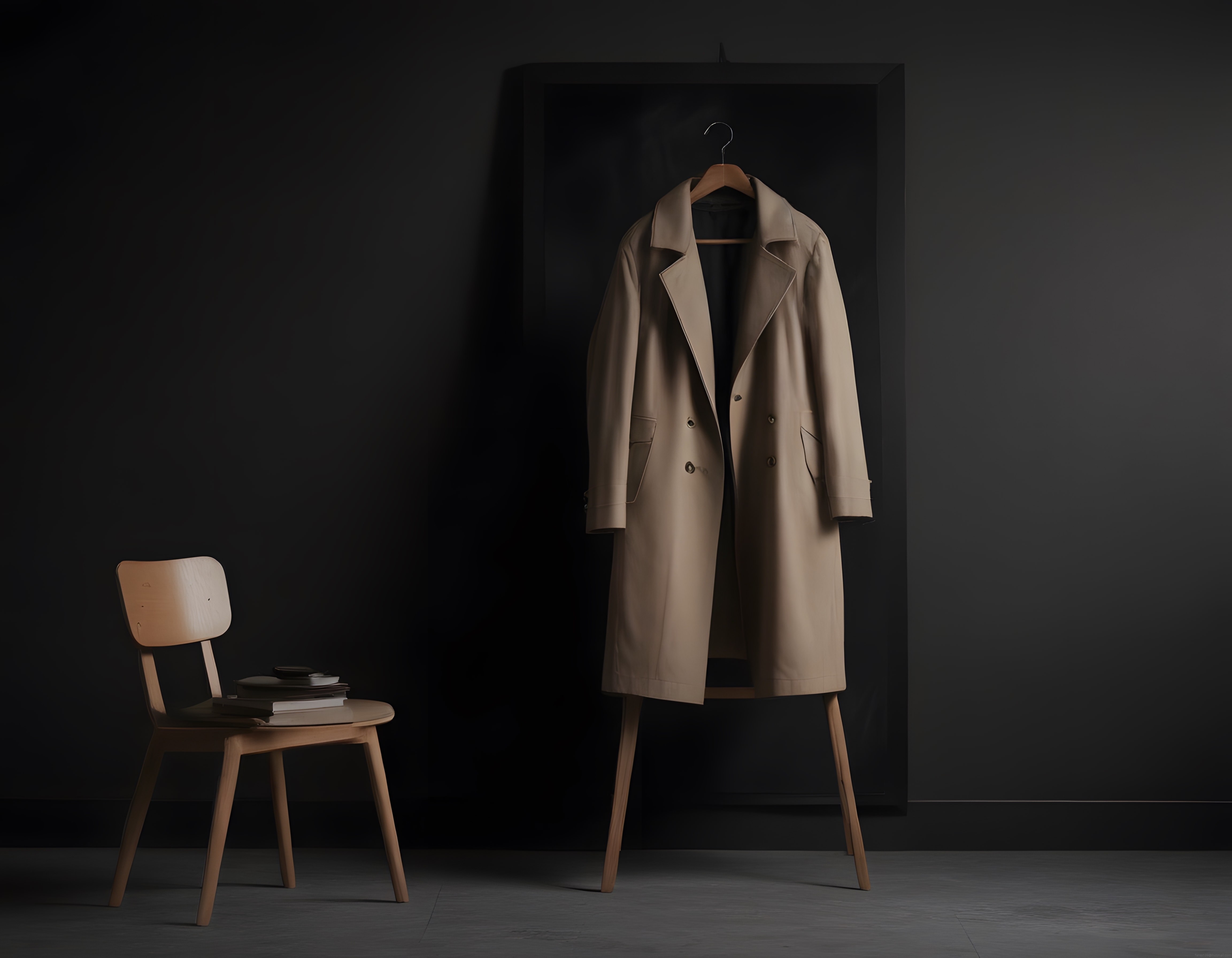 Koyu Arka Planda Askıda Bej Trençkot ve Minimalist Ahşap Sandalye Tasarımı