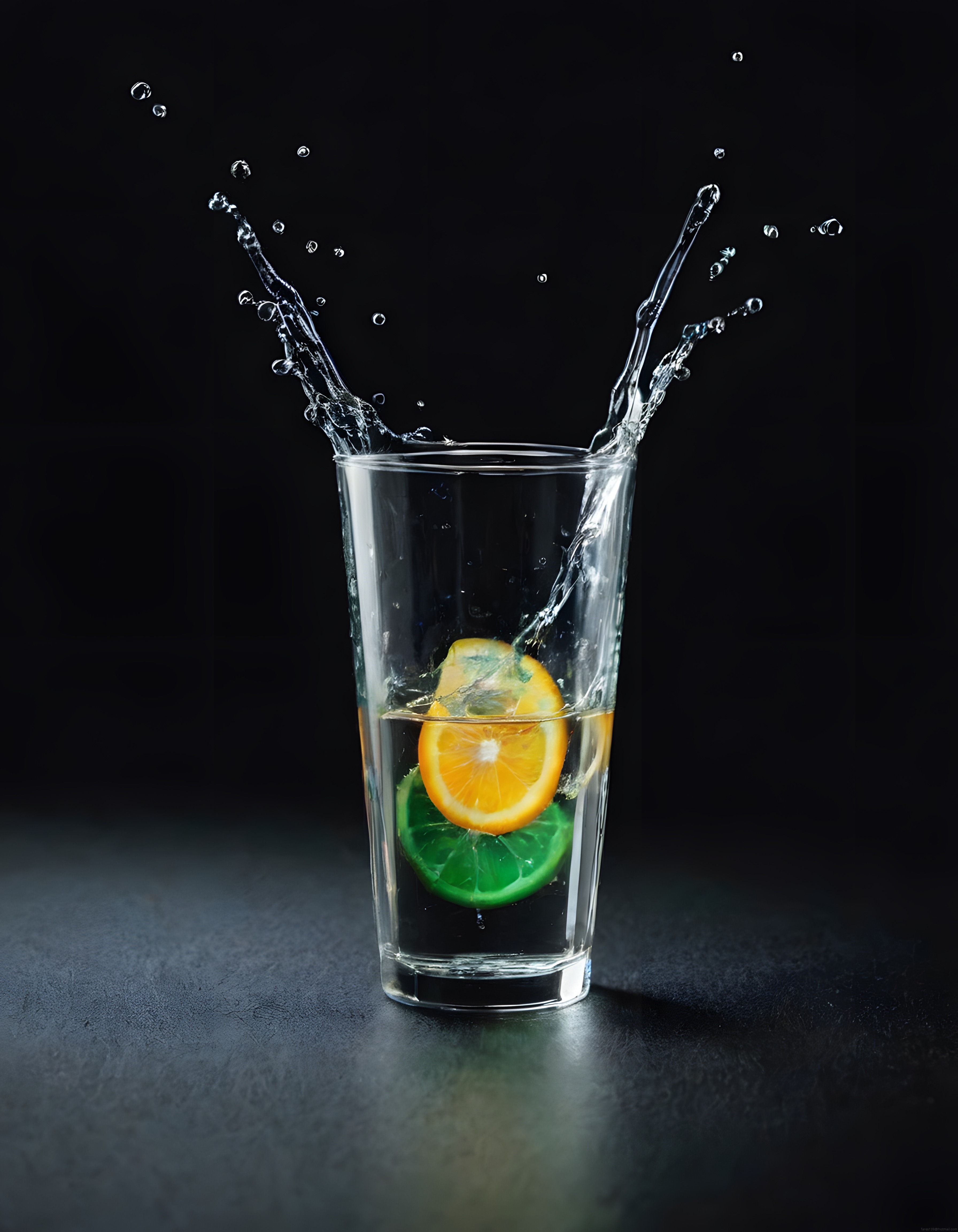 Koyu Arka Planda Bardakta Turuncu ve Yeşil Limonlu Su Sıçratma Hareketi