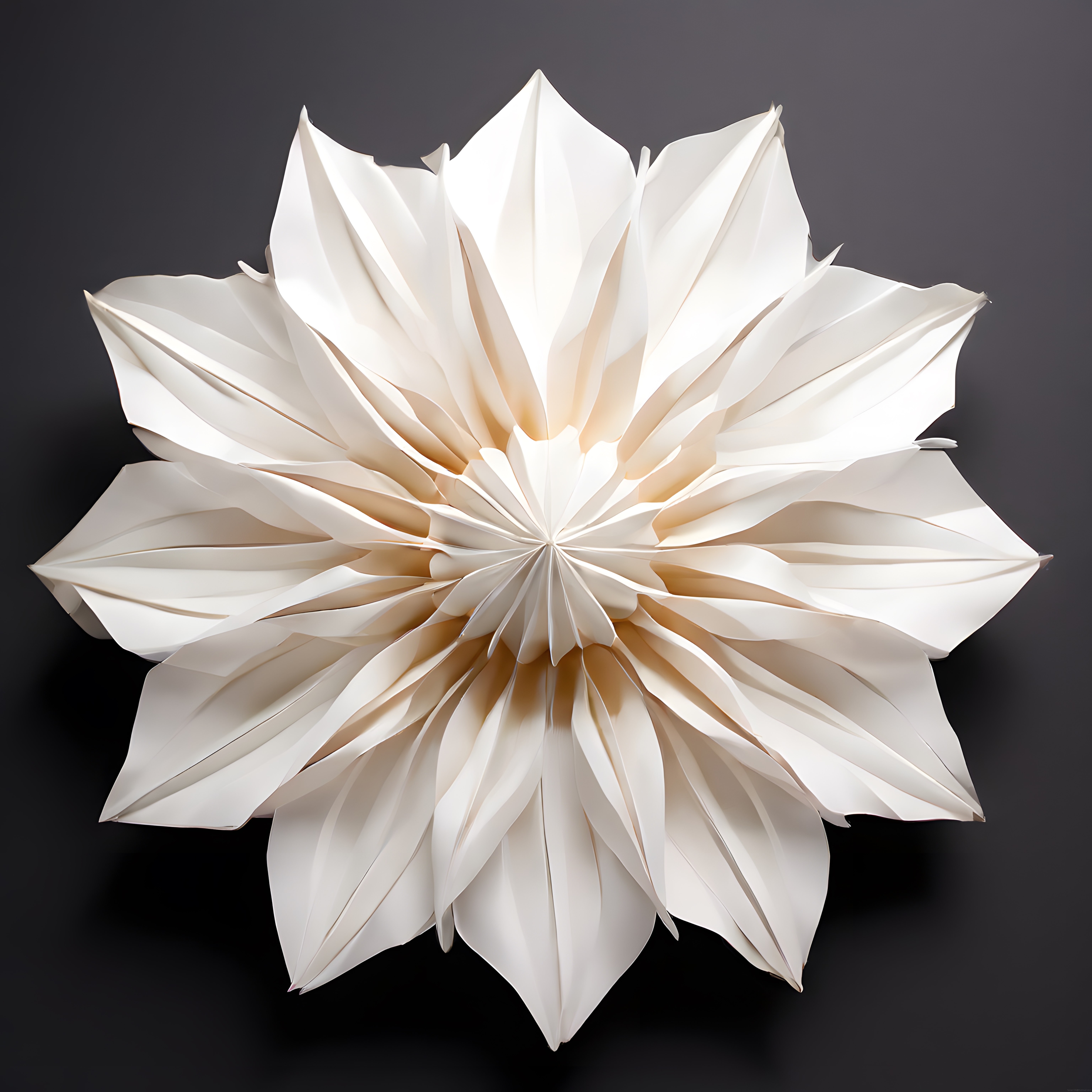 Koyu Arka Planda Beyaz Kağıttan Katlanmış Simetrik Origami Çiçek Heykeli