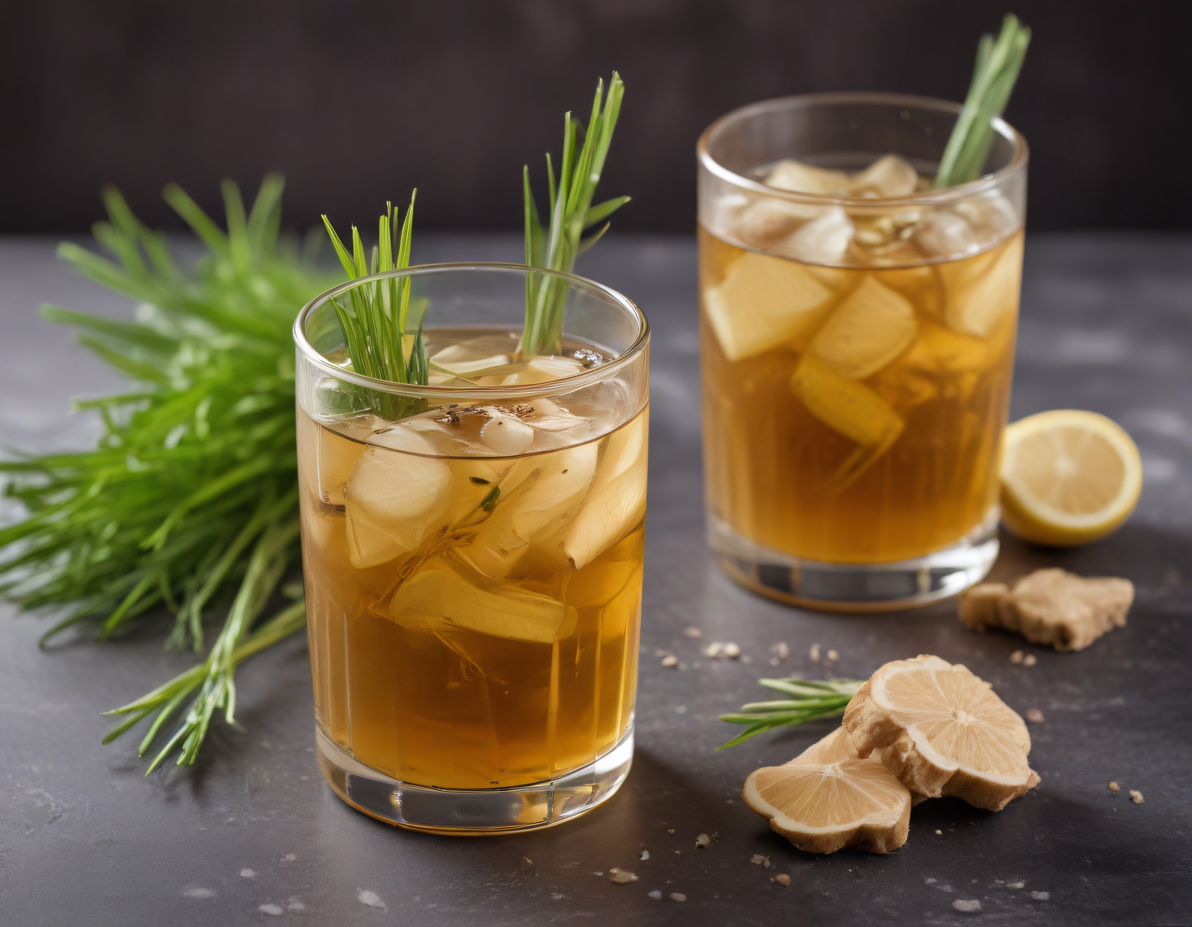 Koyu Arka Planda Buzlu Çay: Zencefil, Limon ve Aromatik Ot ile Ferahlatıcı Sunum