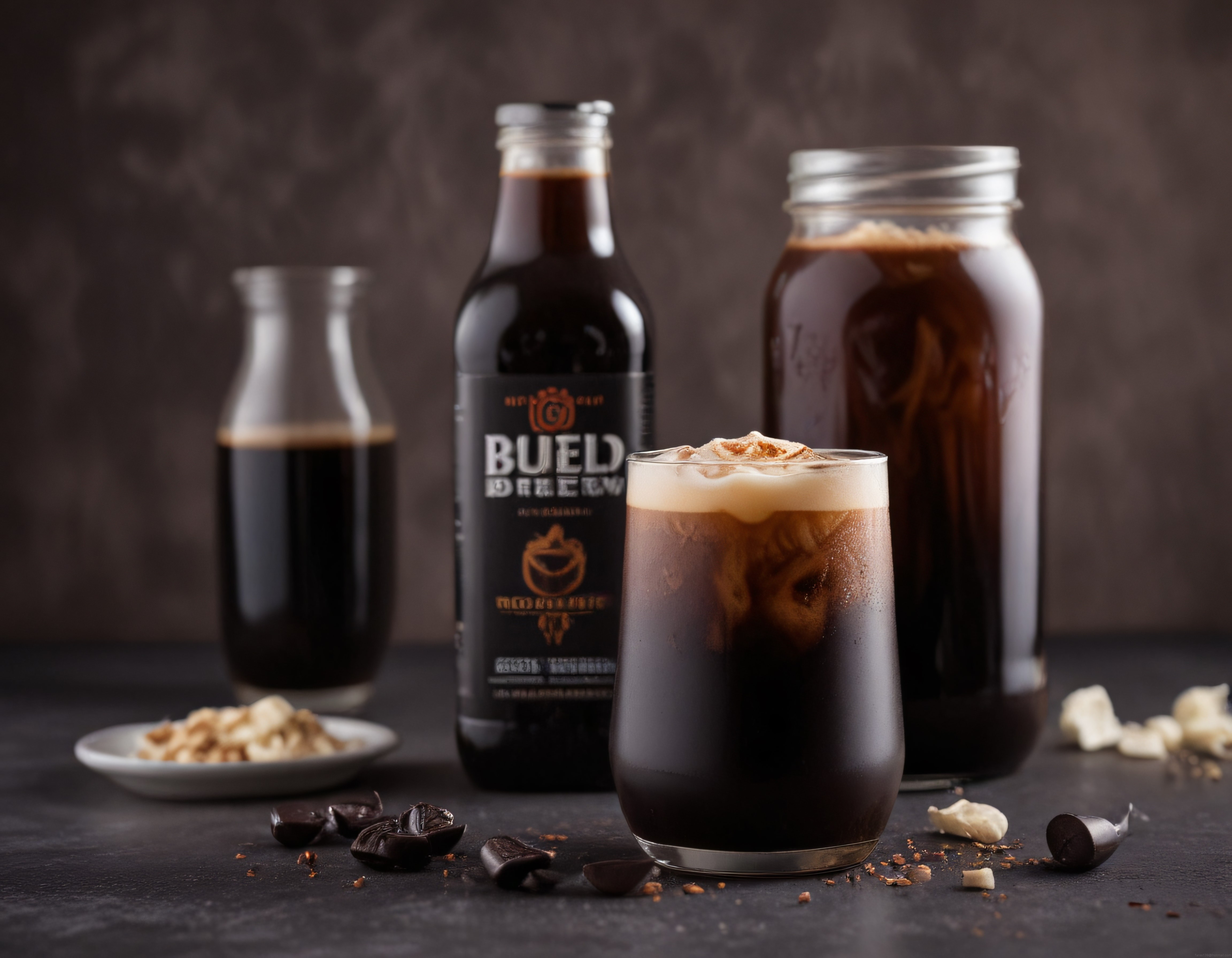 Koyu Arka Planda Buzlu Cold Brew Kahve ve Çikolata ile Premium İçecek Sunumu