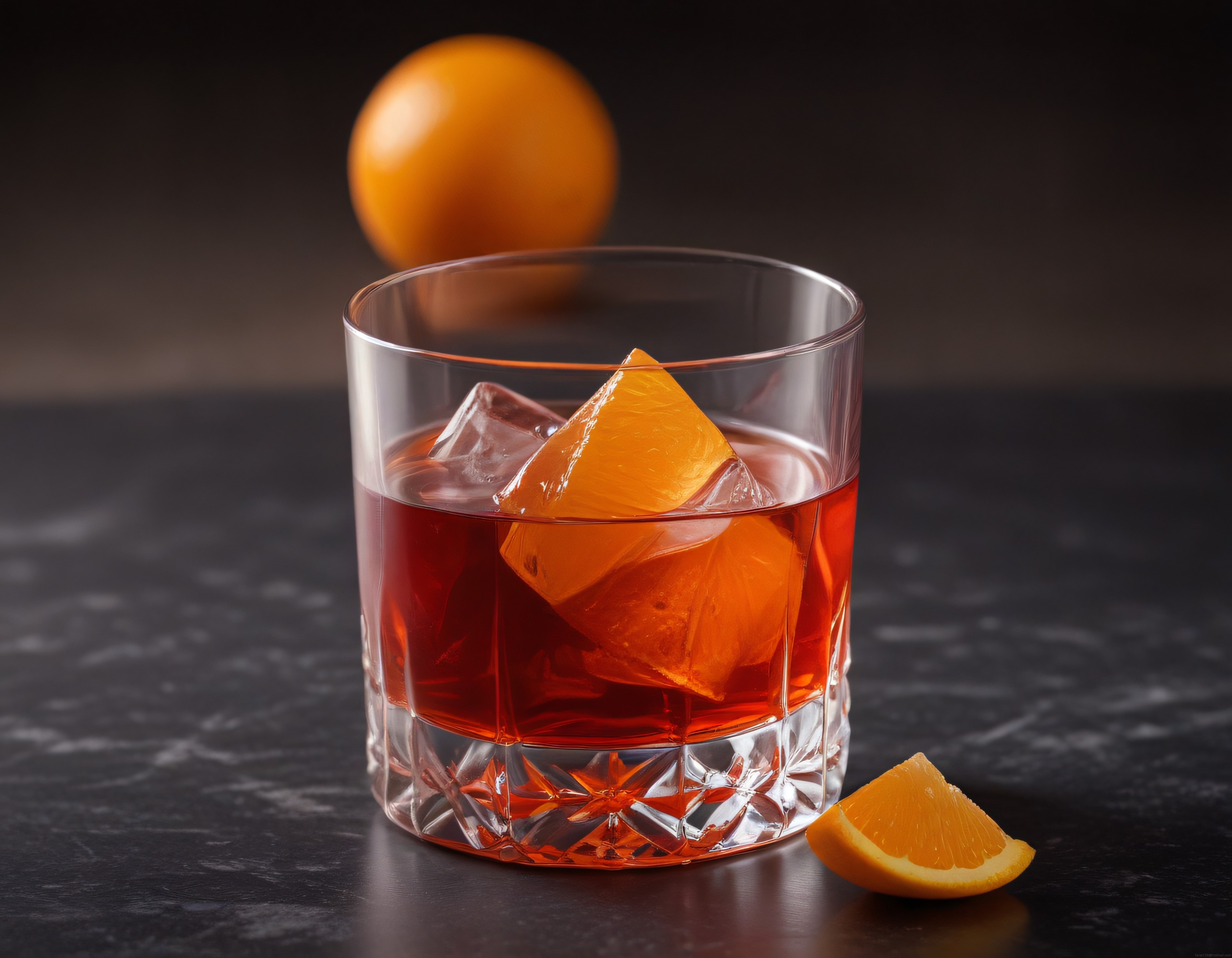 Koyu Arka Planda Buzlu Negroni Kokteyli ve Taze Portakal Dilimi