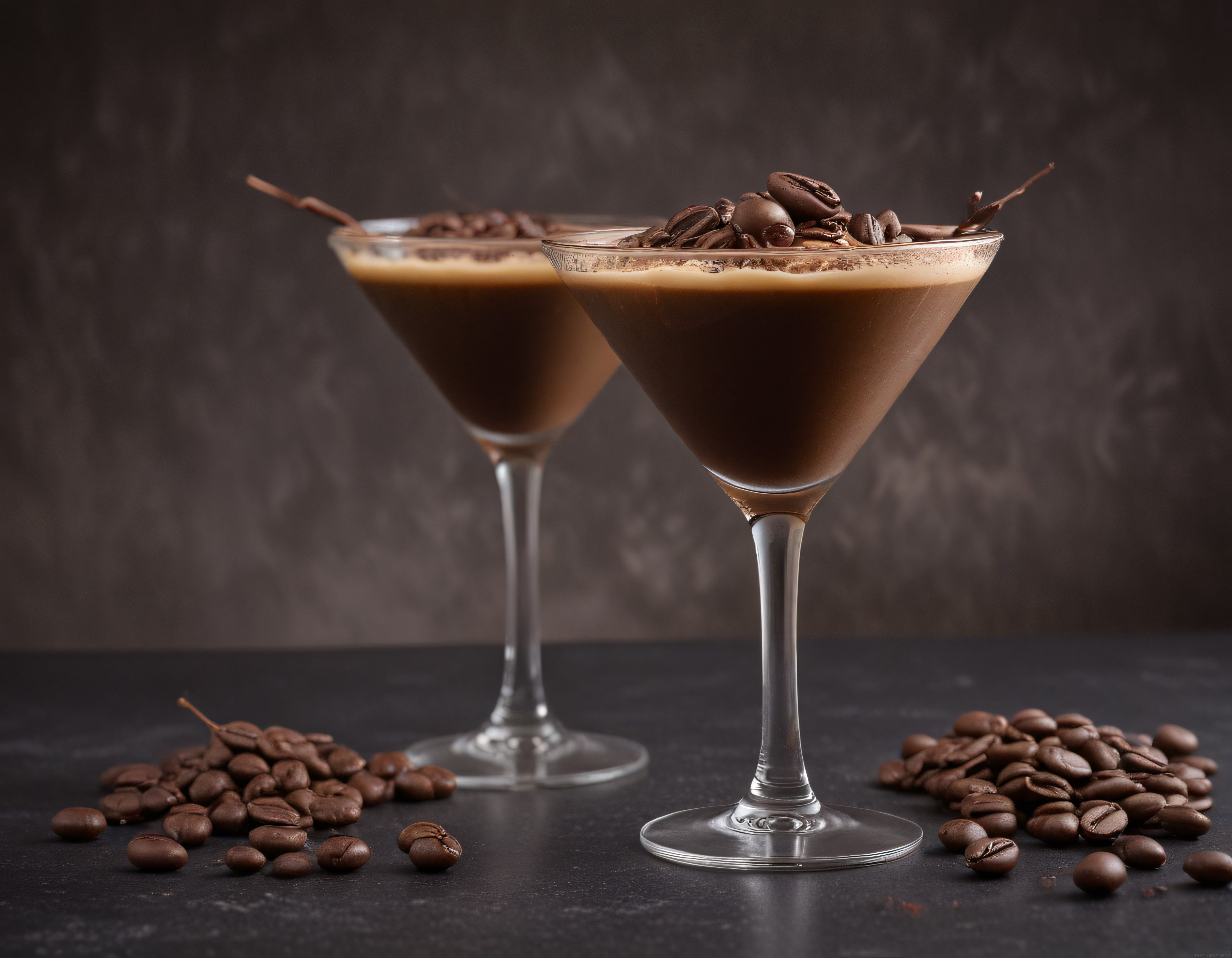 Koyu Arka Planda Espresso Martini Kokteyl Bardakları ve Kahve Çekirdekleri