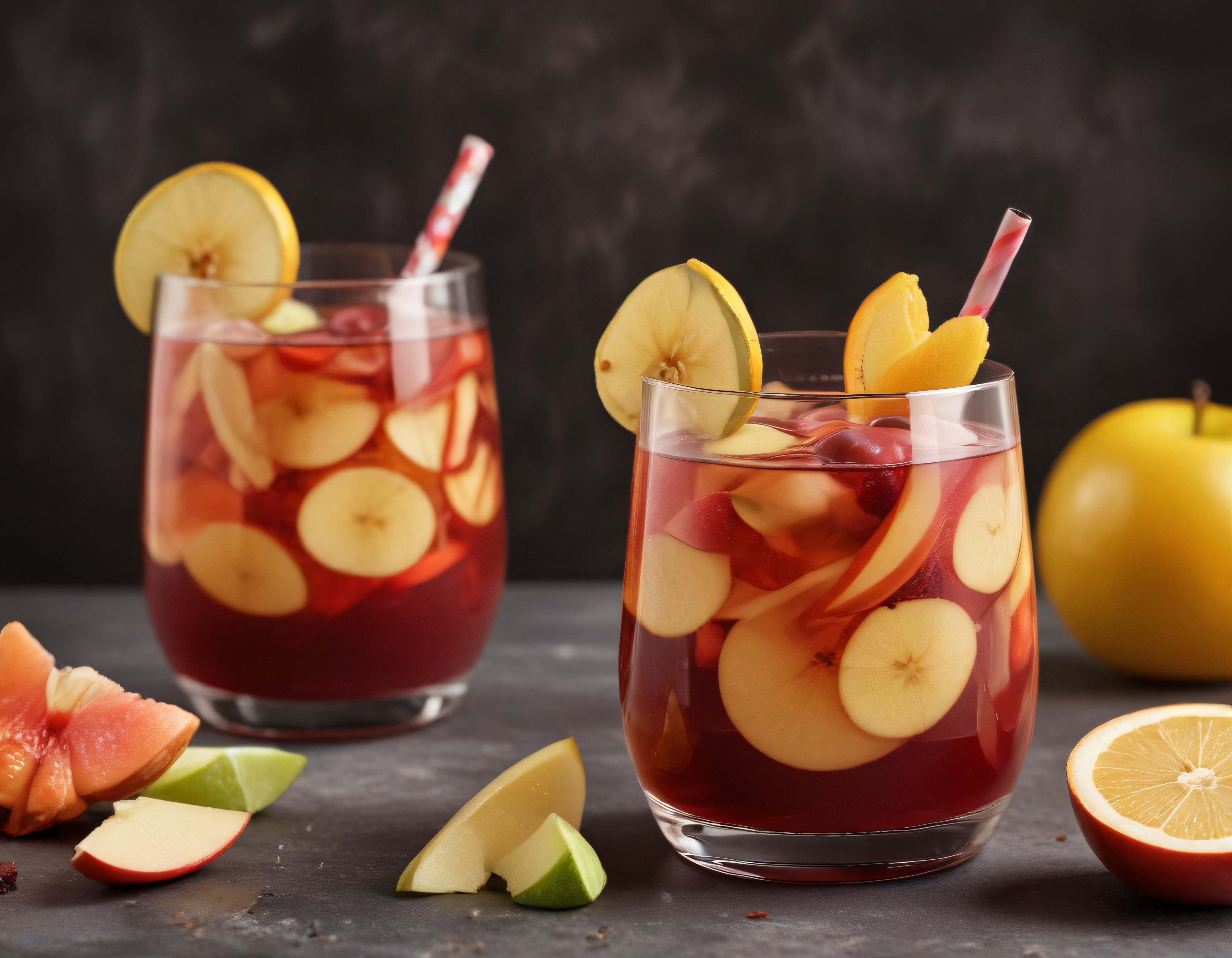 Koyu Arka Planda İki Bardak Taze Meyveli Sangria ve Yaz İçeceği Sunumu
