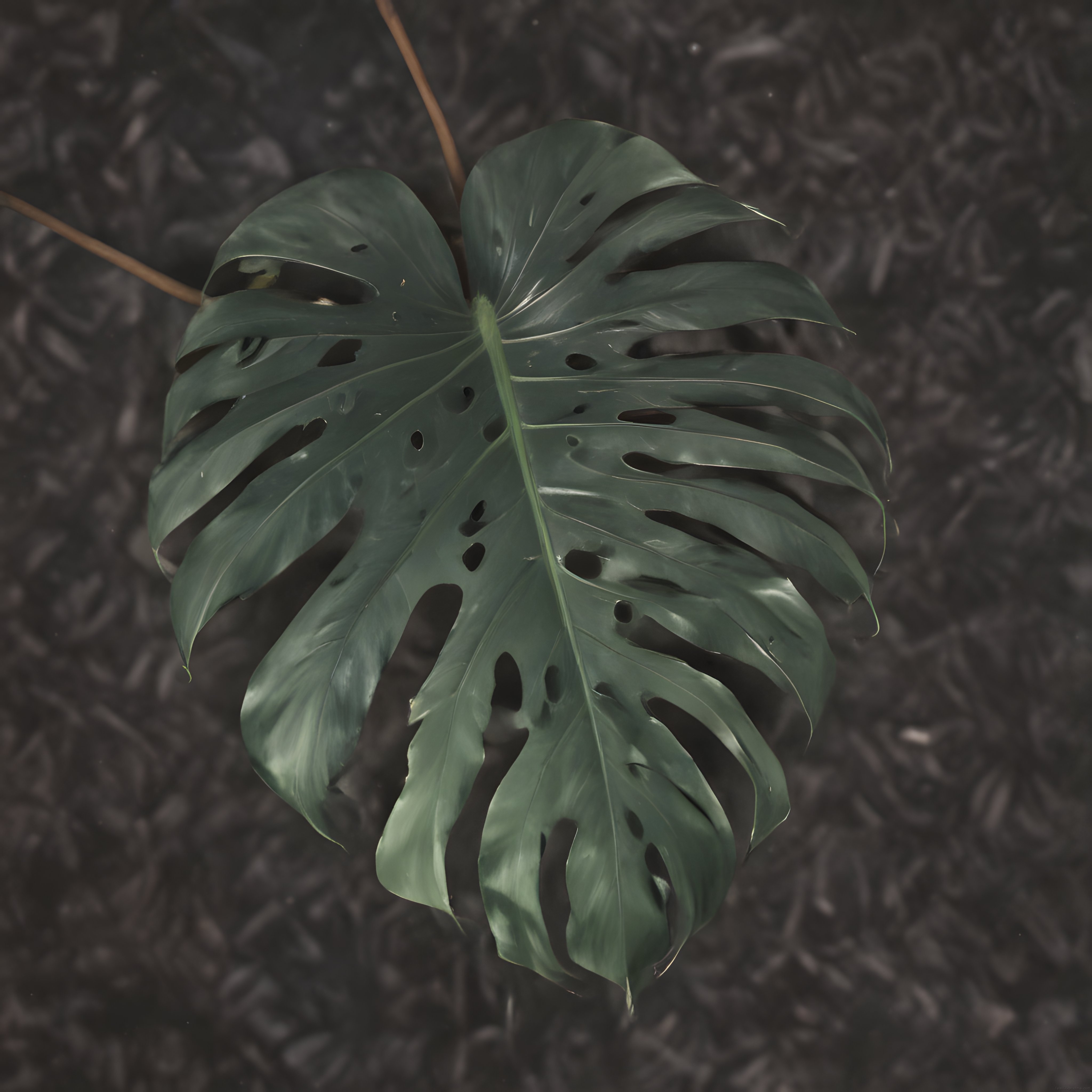Koyu arka planda ışık vurgusuyla belirginleşen tek bir monstera deliciosa yaprağı