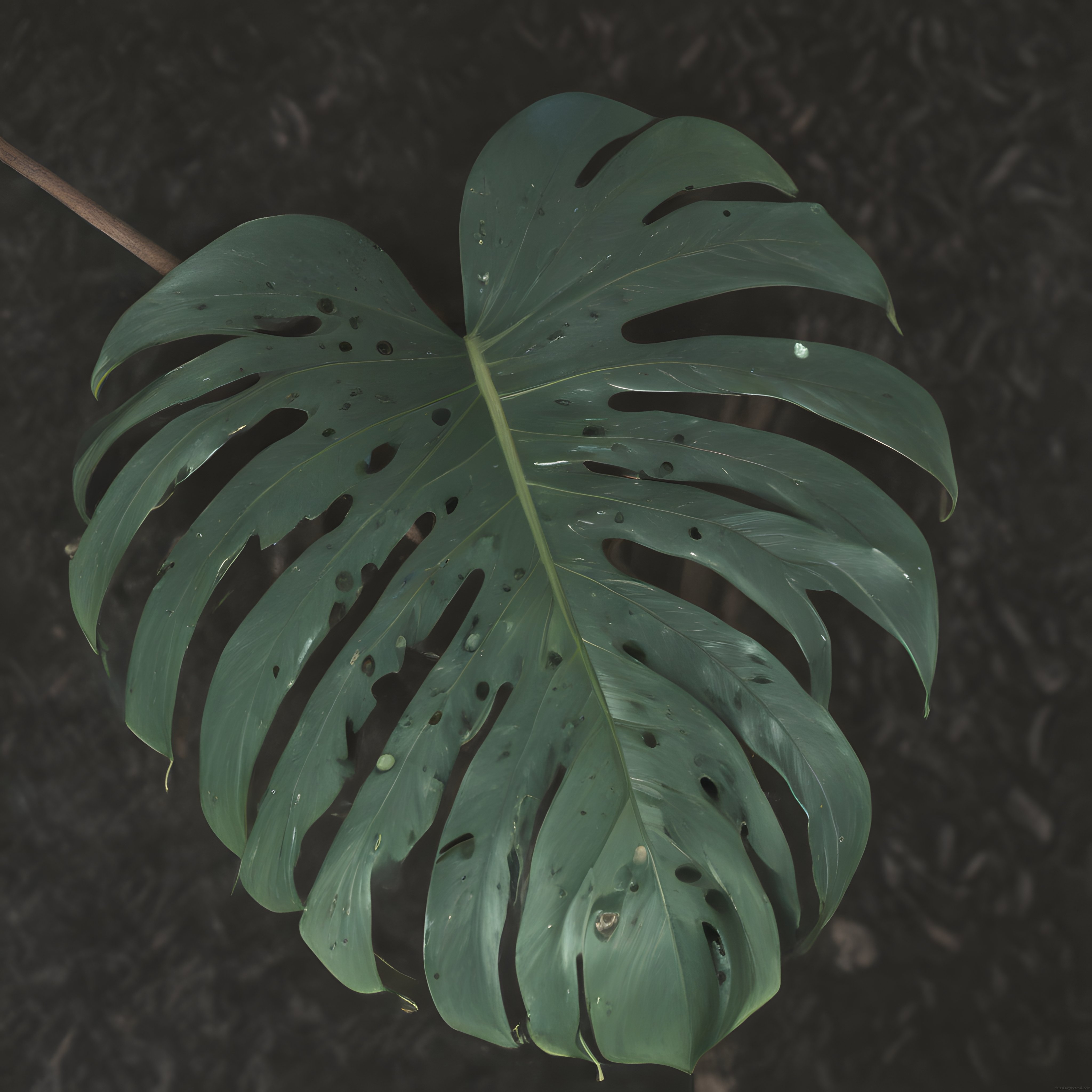 Koyu Arka Planda Işıltılı Su Damlaları ile Büyük Monstera Deliciosa Yaprağı
