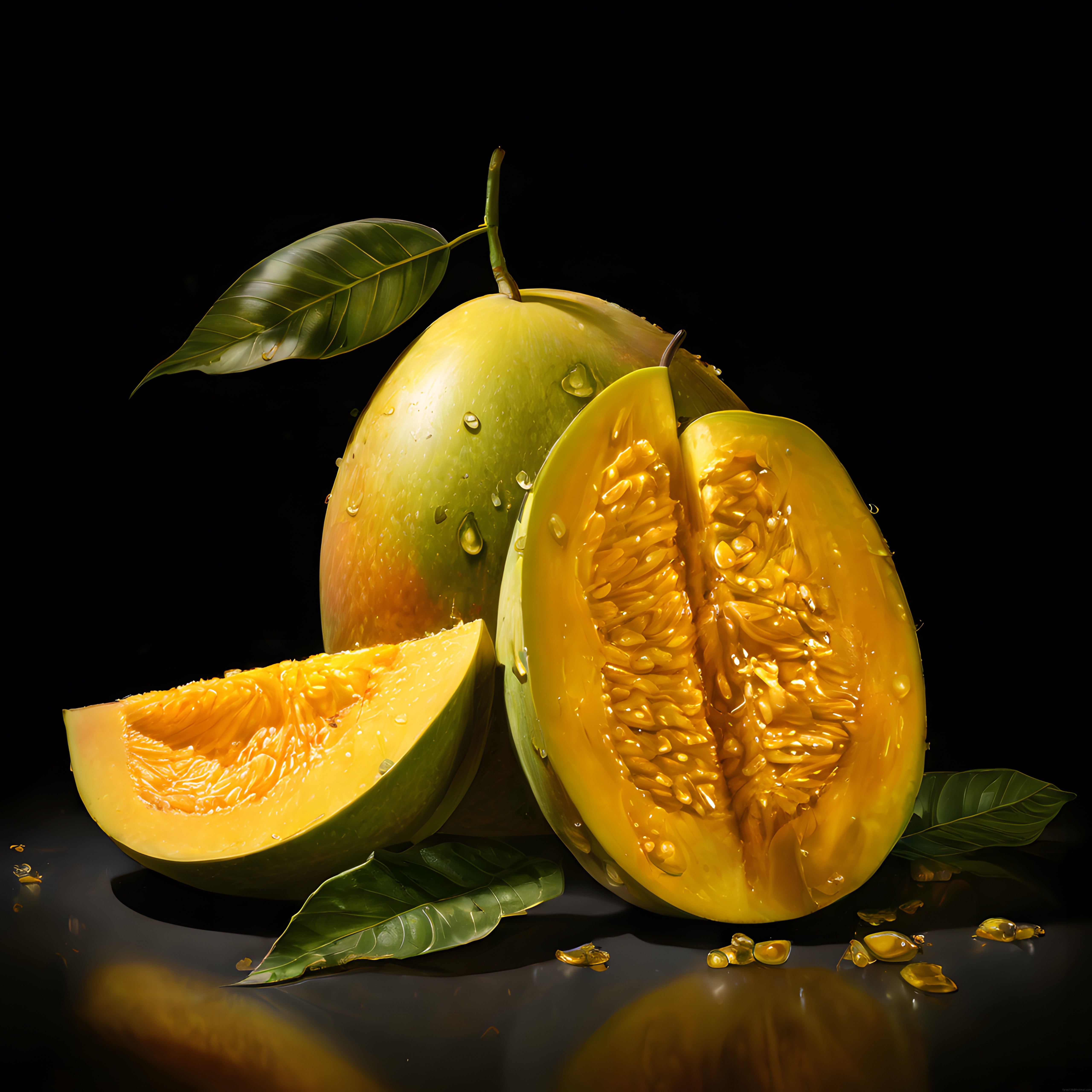 Koyu Arka Planda Işıltılı ve Yapraklı Taze Mango Dijital Çizim