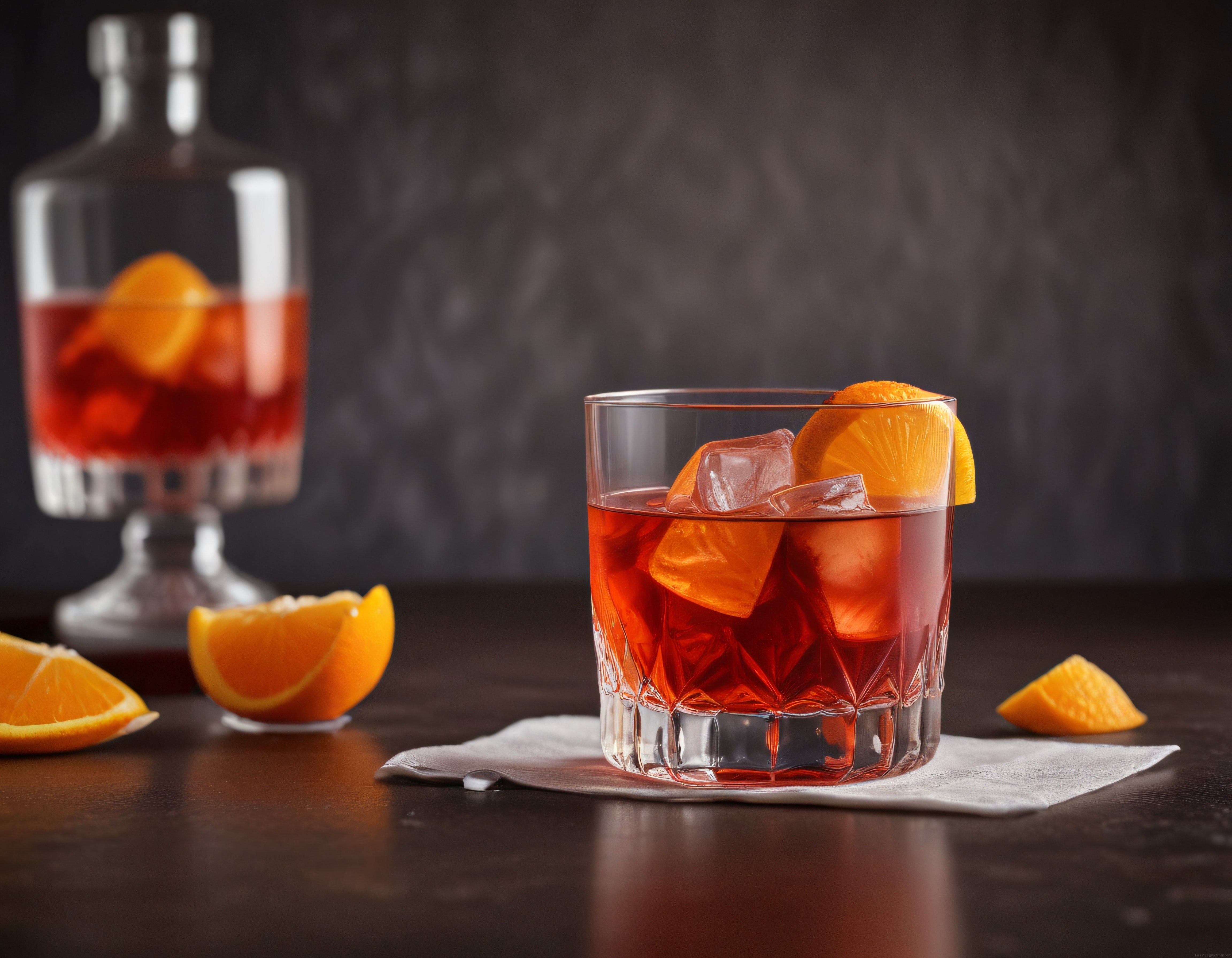 Koyu Arka Planda Kristal Bardakta Negroni Kokteyl ve Taze Portakal Dilimleri