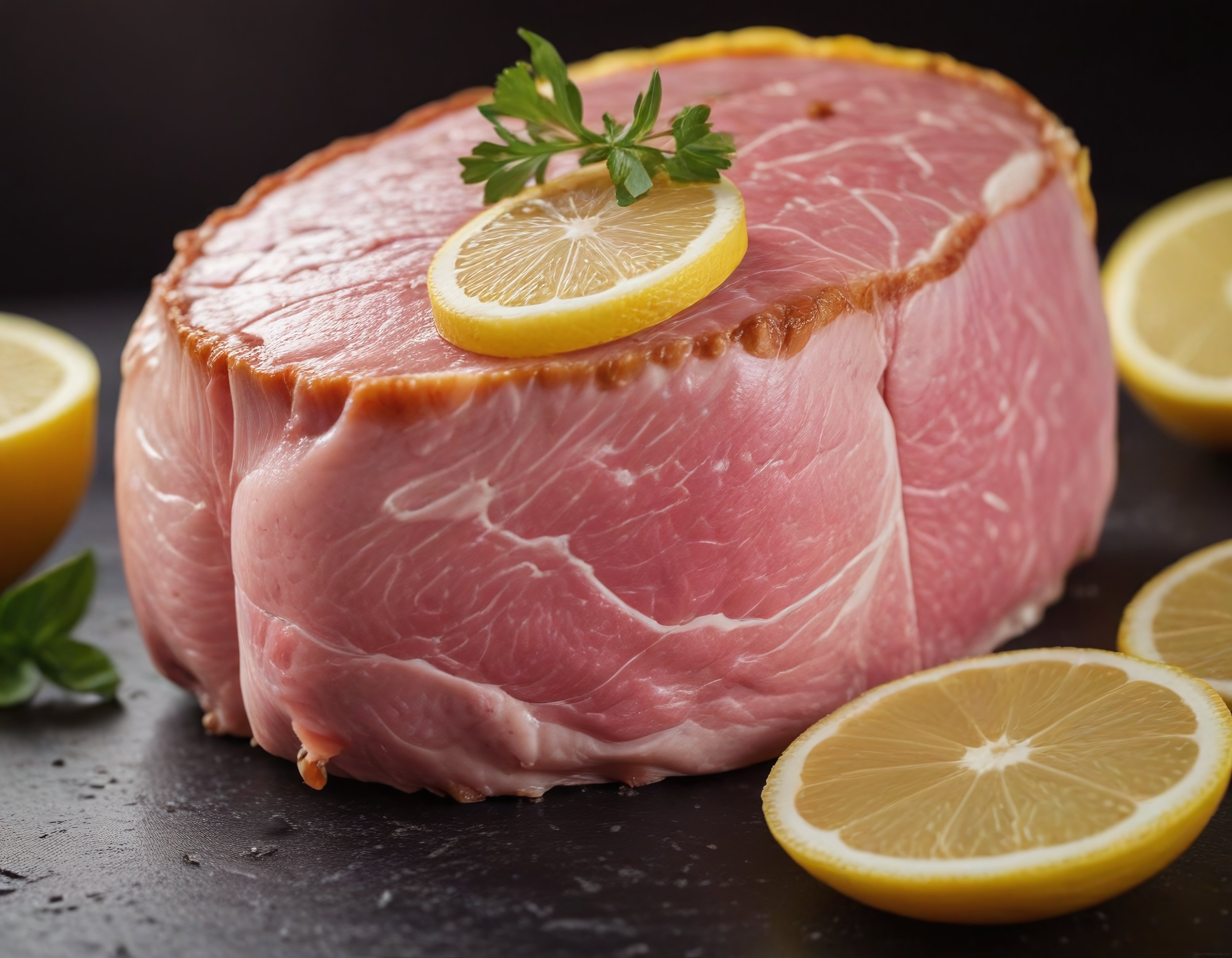 Koyu Arka Planda Limon ve Maydanoz ile Süslenmiş Taze Jambon Dilimi