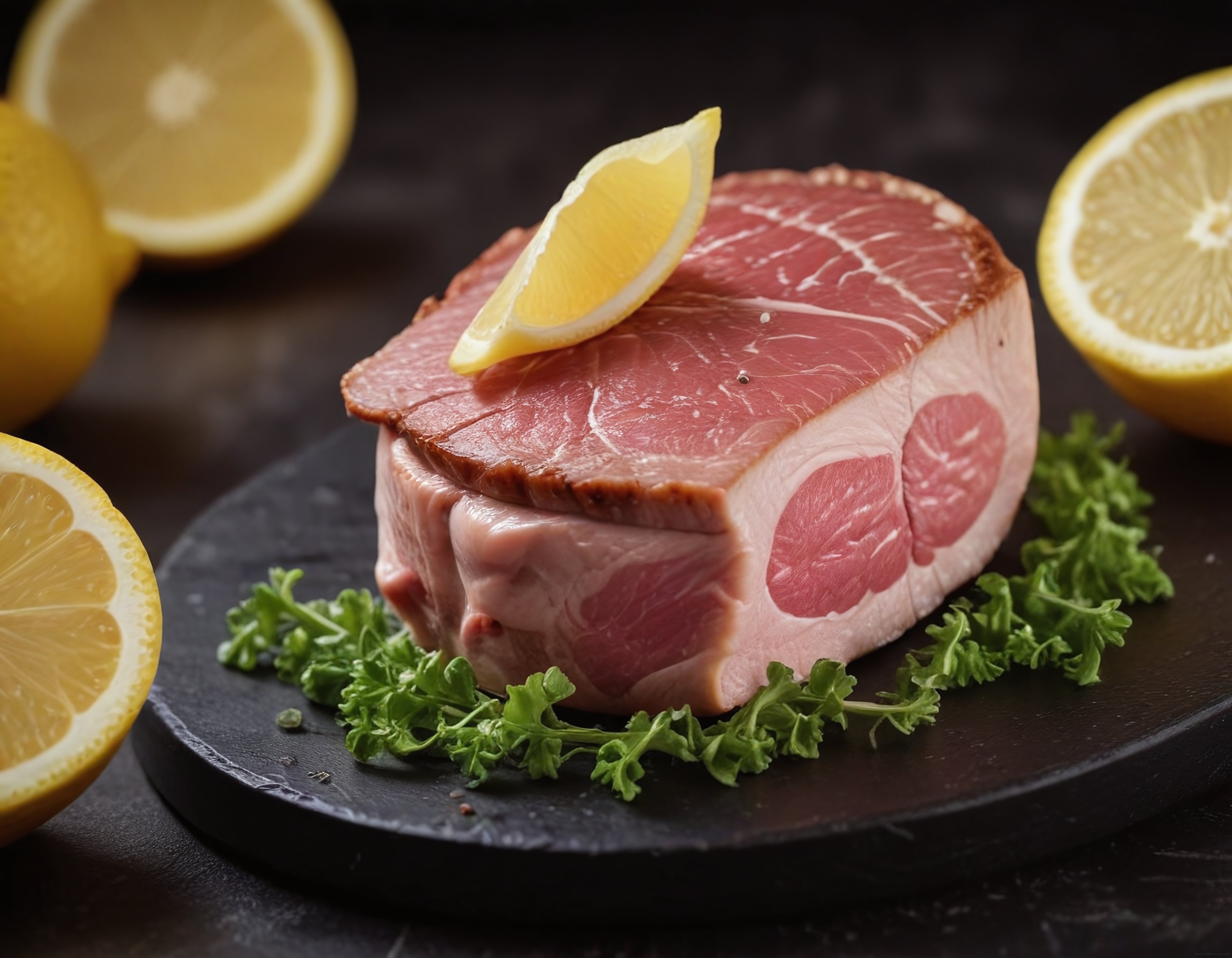 Koyu Arka Planda Limon ve Taze Maydanoz Eşliğinde Şık Et Sunumu