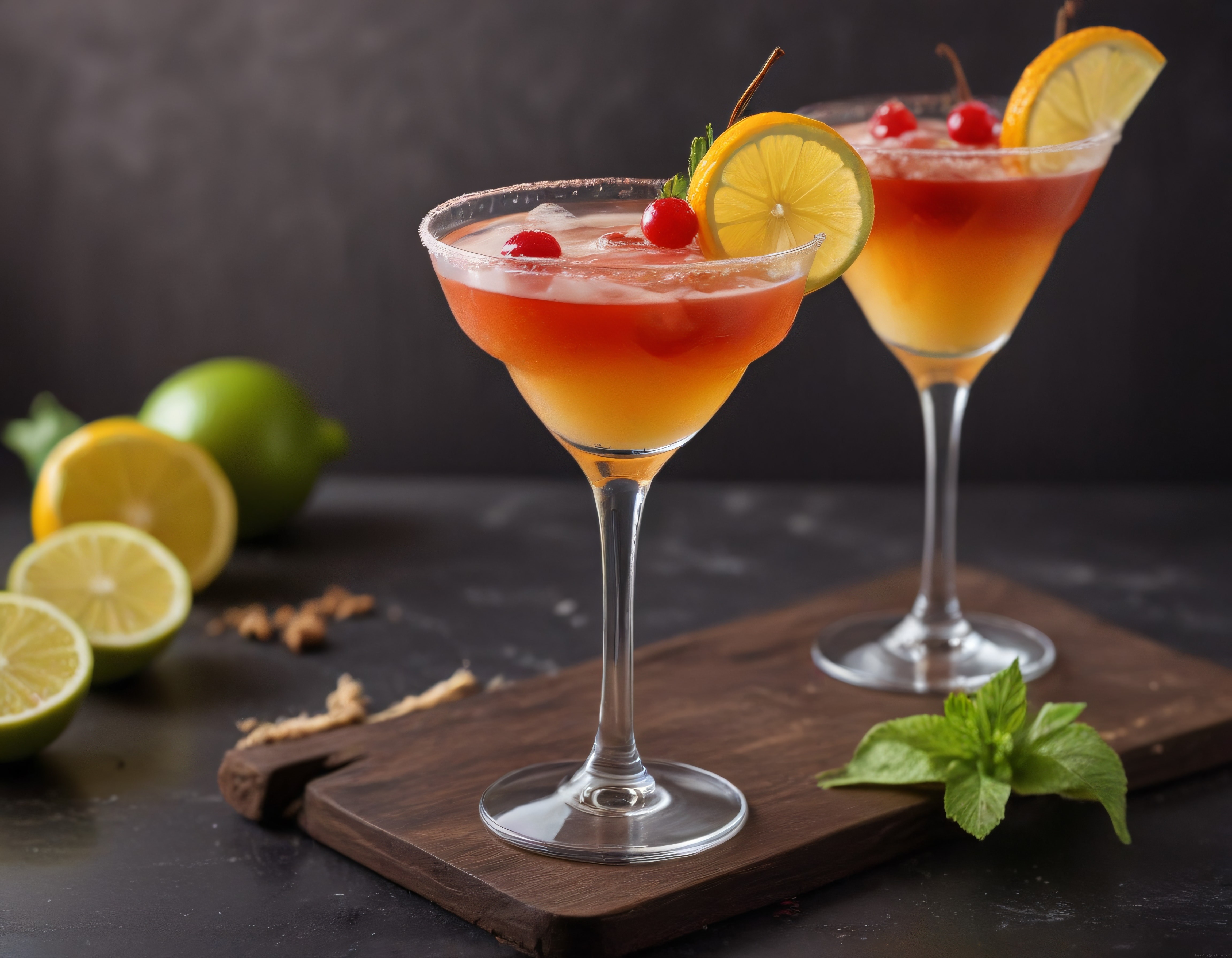 Koyu Arka Planda Limonlu Kirazlı İki Renkli Kokteyl Sunumu