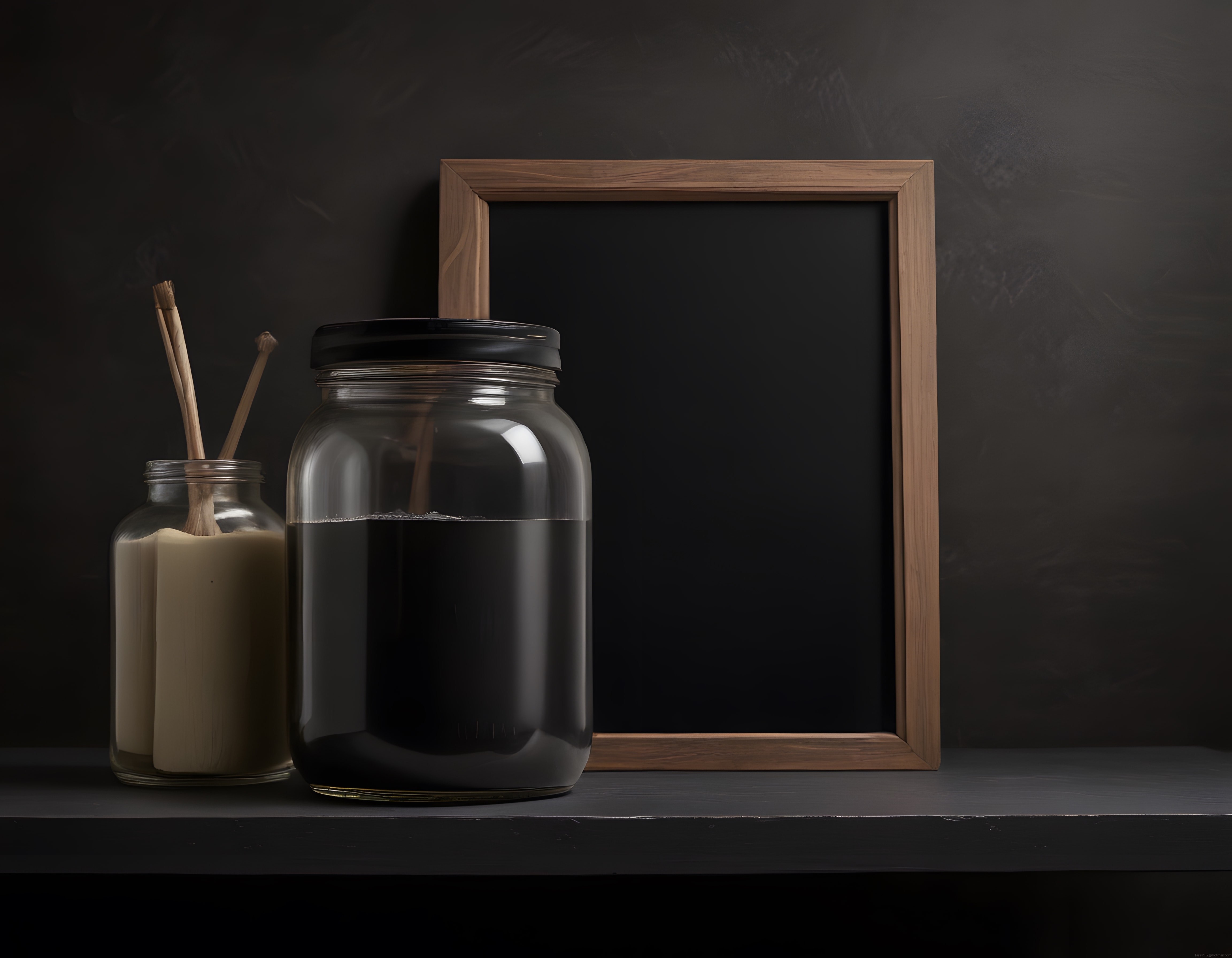 Koyu Arka Planda Mumlu ve Ahşap Çerçeveli Minimalist Dekorasyon Kompozisyonu