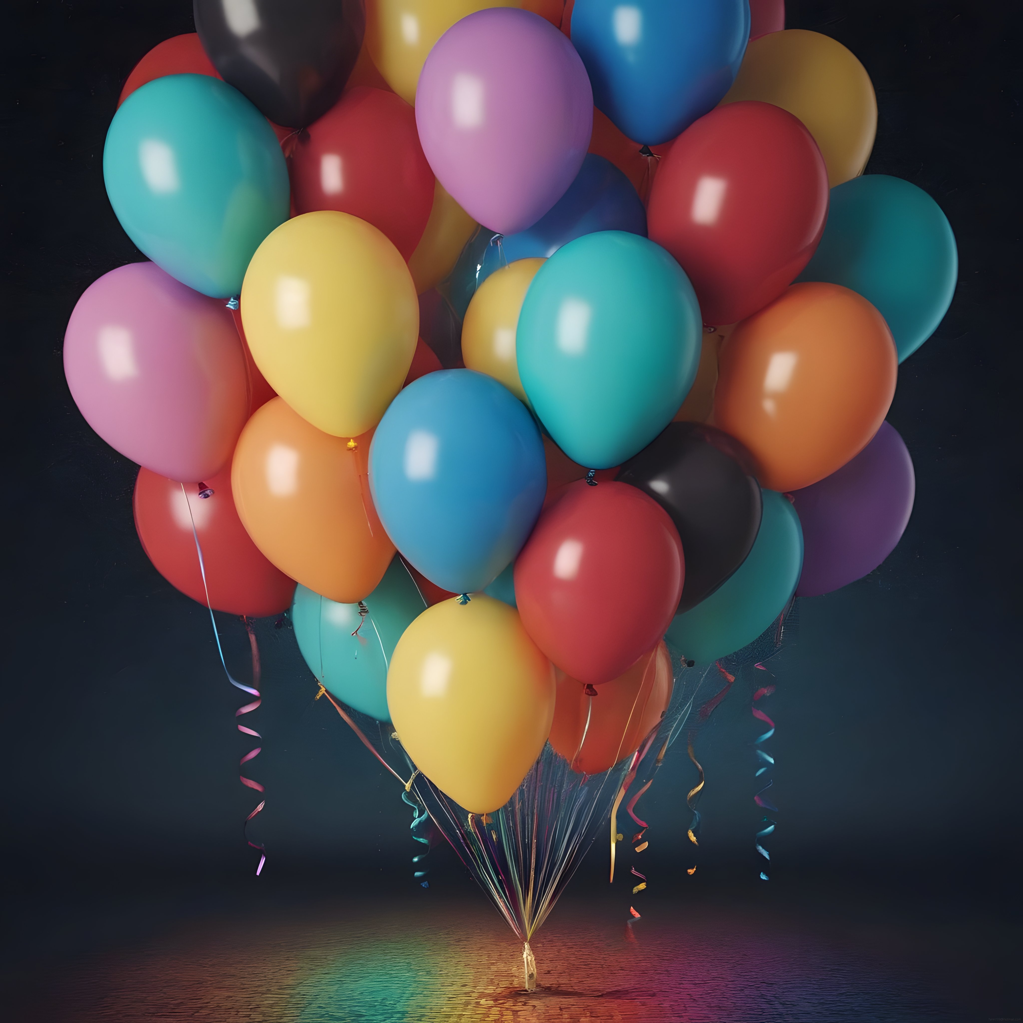 Koyu Arka Planda Parlak Renkli Balon Buketi ile Kutlama ve Parti Atmosferi