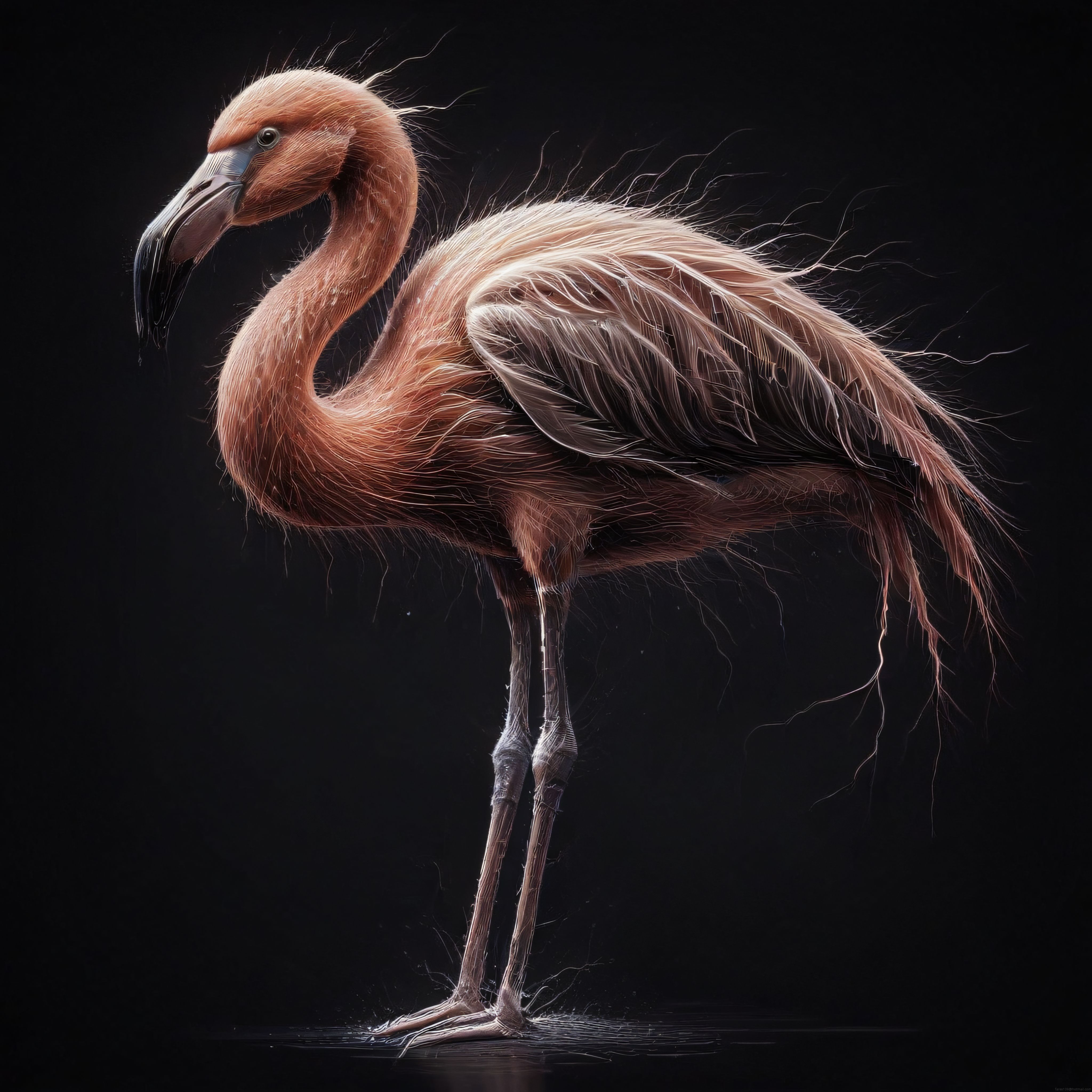 Koyu Arka Planda Pembe Tüylü Zarif Flamingo Dijital Sanat Portresi