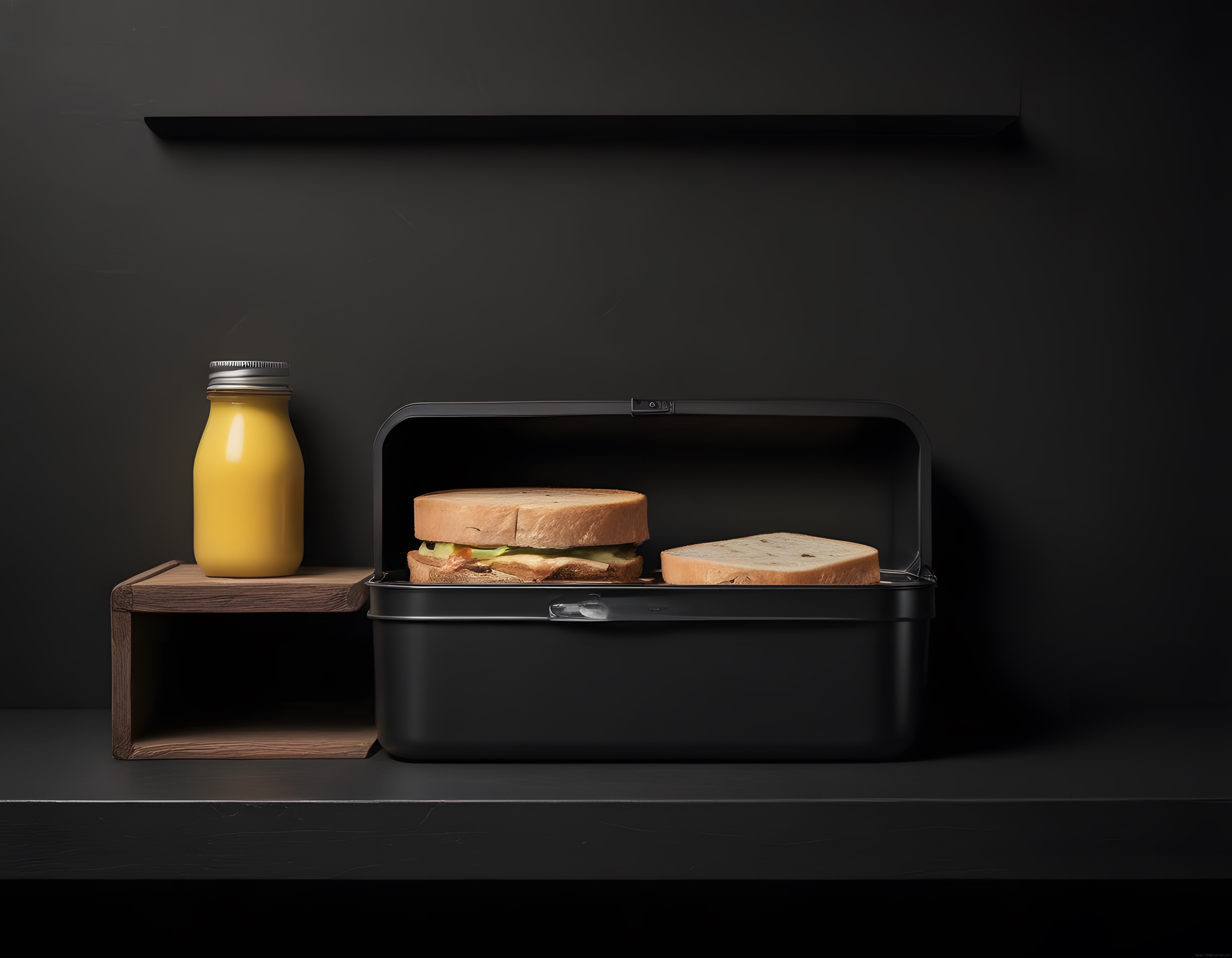 Koyu Arka Planda Siyah Beslenme Çantasında Tost Sandviç ve Sarı Smoothie