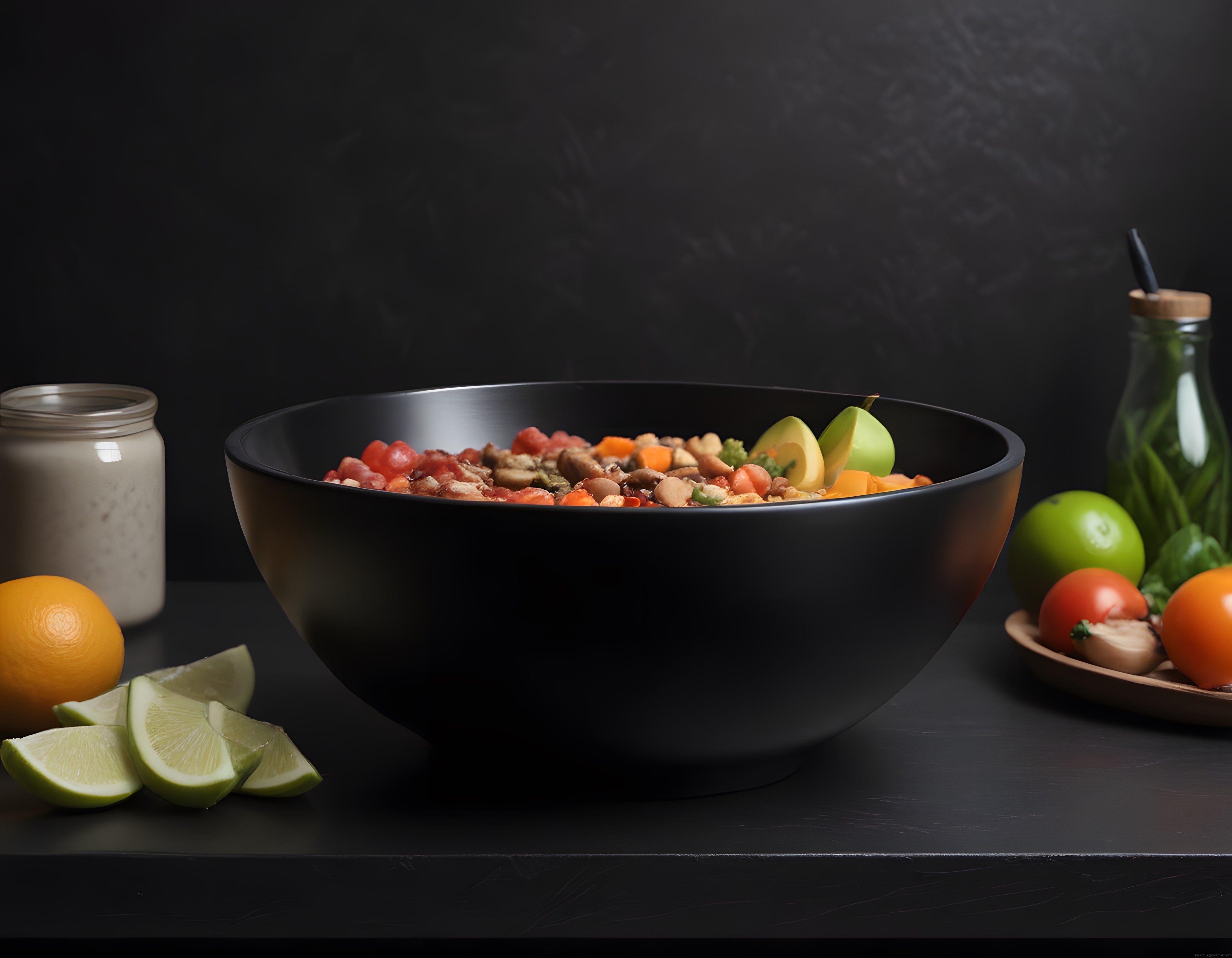 Koyu Arka Planda Siyah Kasede Görkemli Sağlıklı Vegan Bowl Sunumu