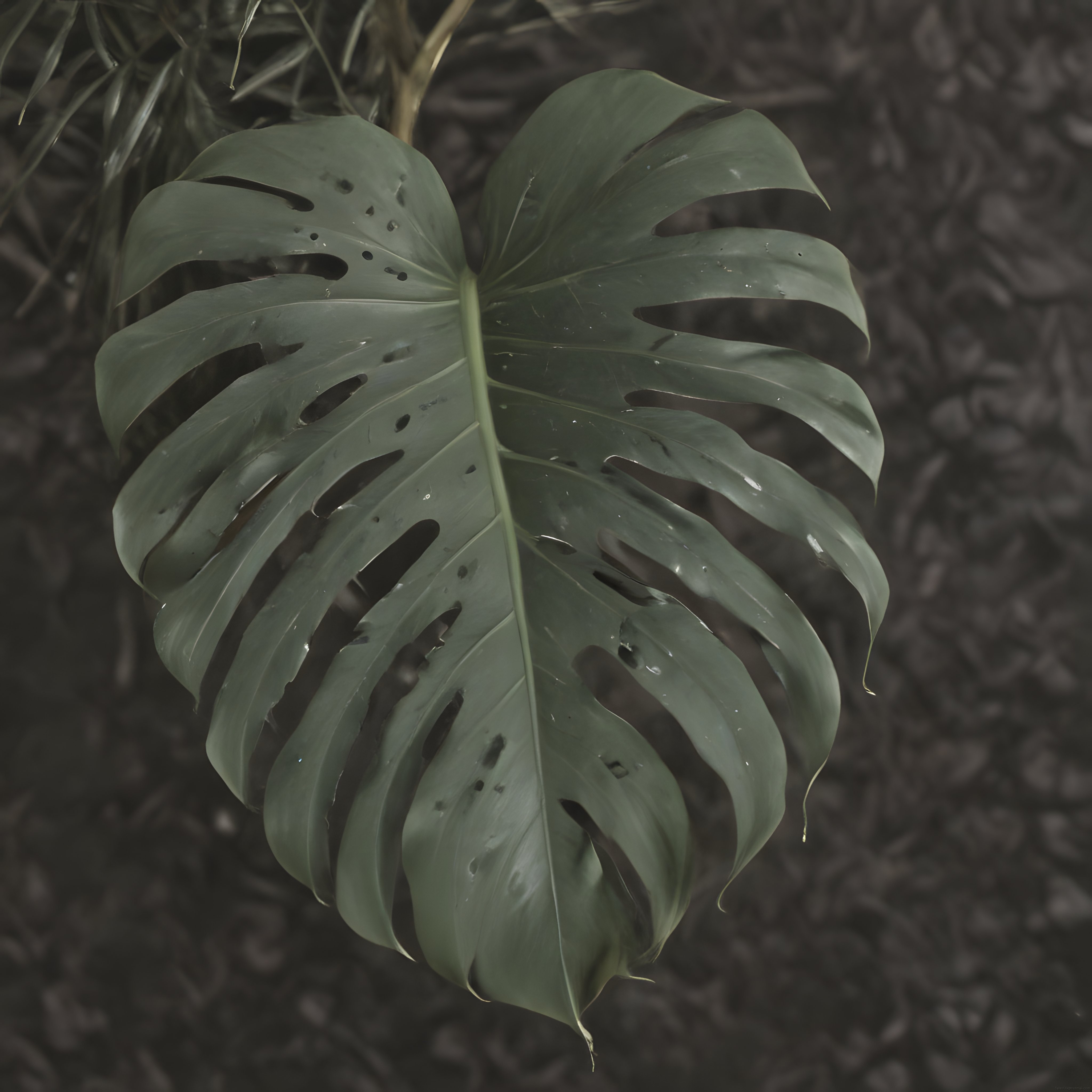 Koyu Arka Planda Su Damlacıklarıyla Parlayan Büyük Monstera Yaprağı