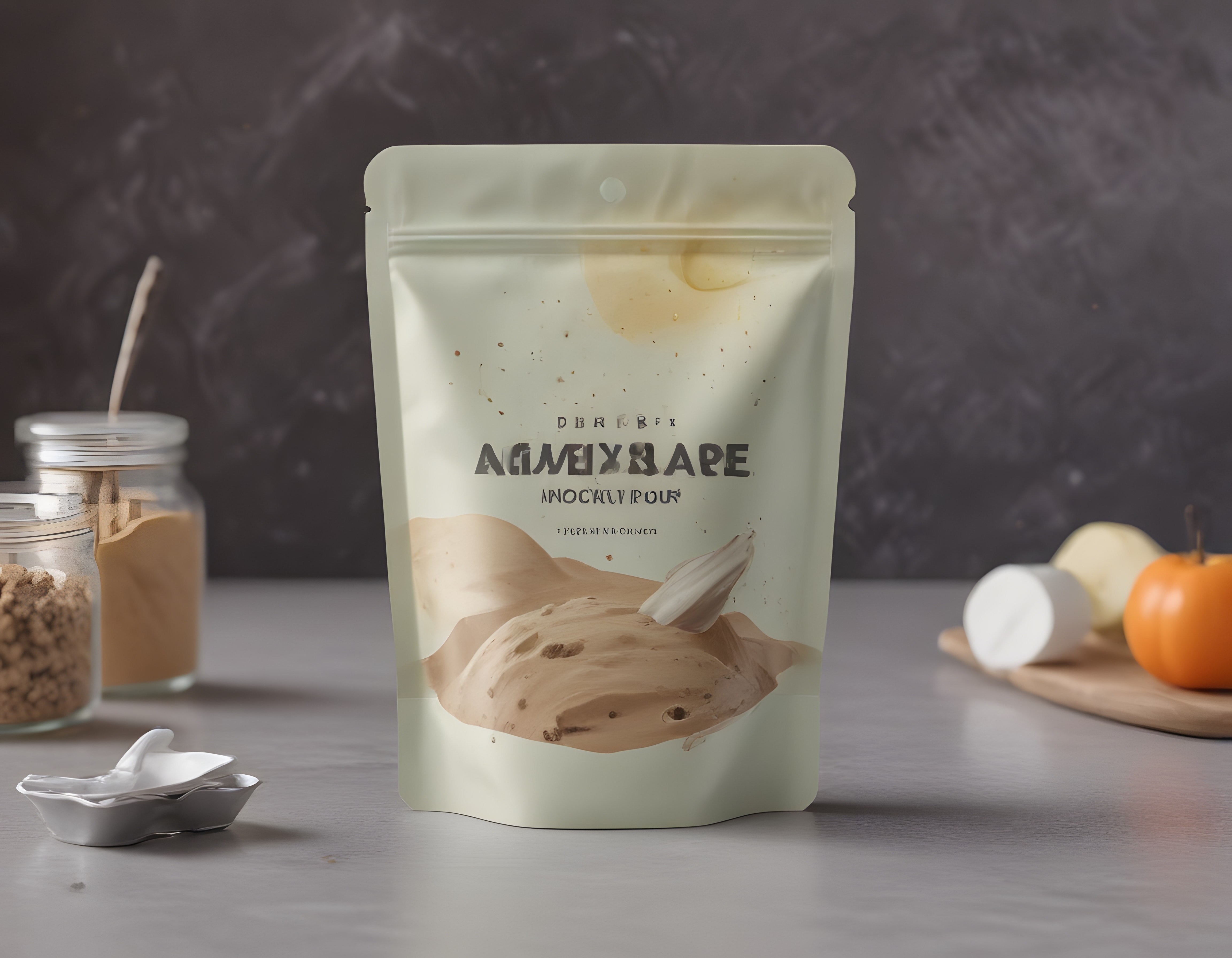 Koyu arka planlı ahşap masada protein tozu ambalajı ve mutfak malzemeleri