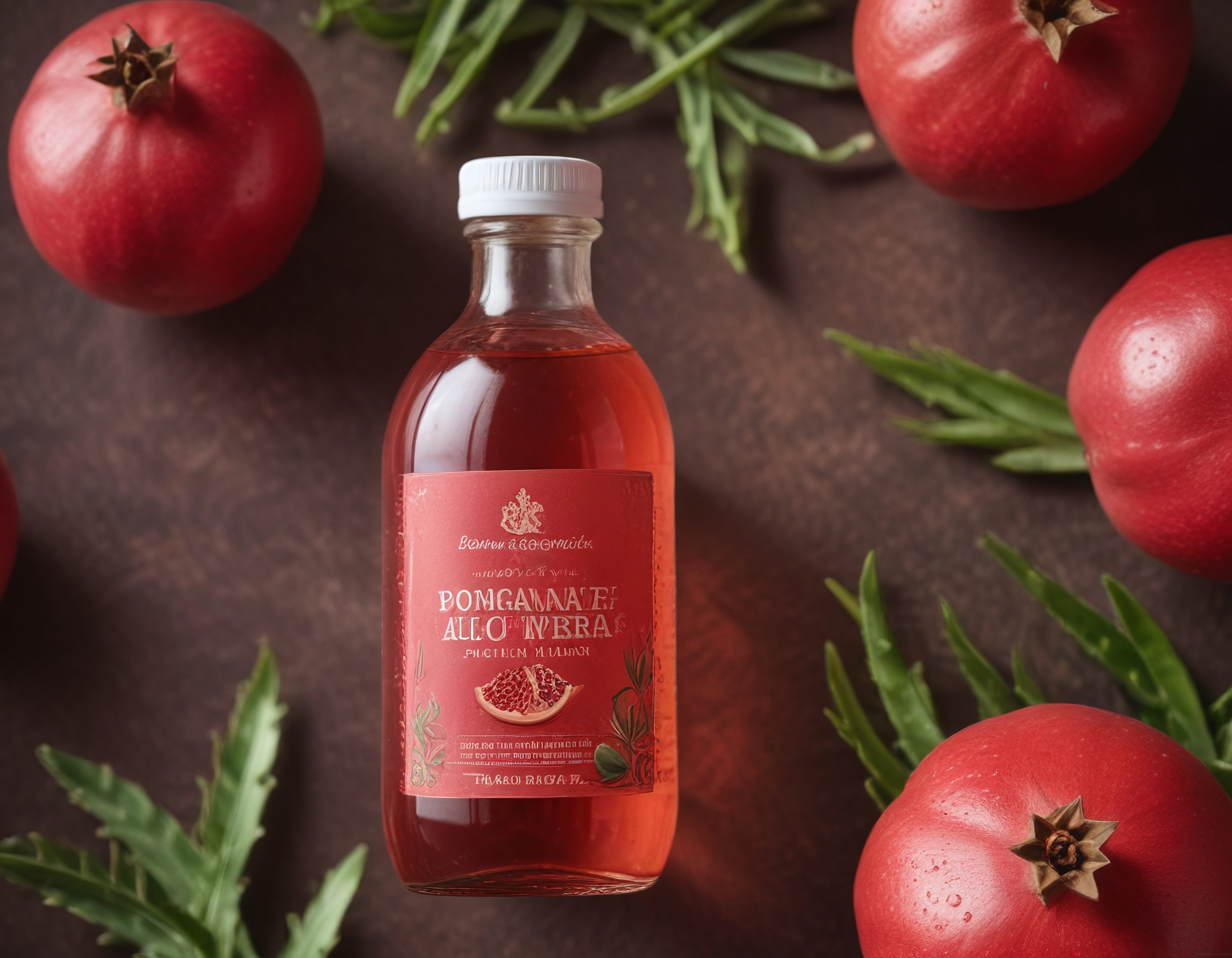 Koyu Dokulu Arka Planda Nar Aloe Vera İçecek Şişesi ve Taze Narlar