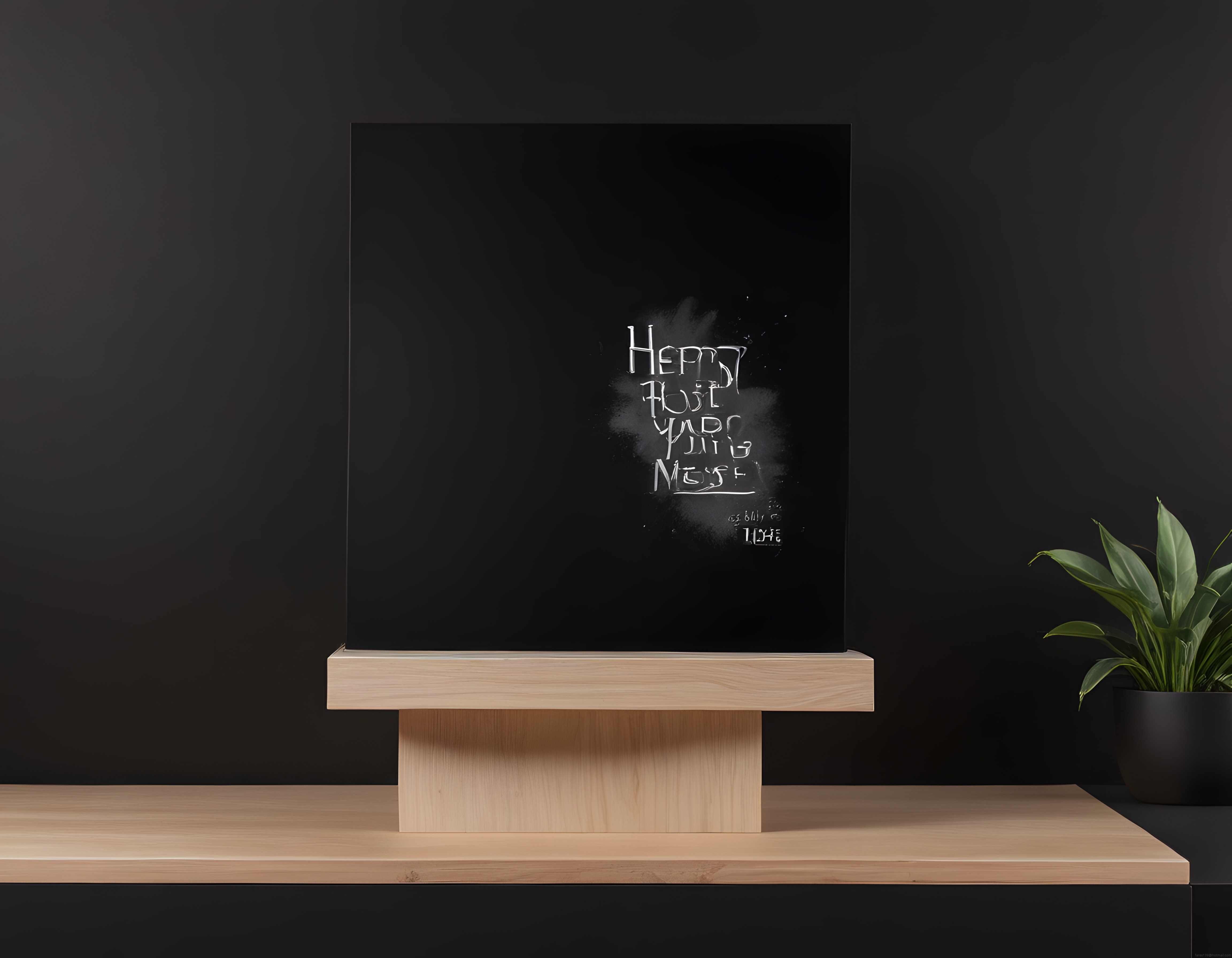 Koyu duvar arka planında ahşap stand üzerinde şık dekoratif poster sunumu