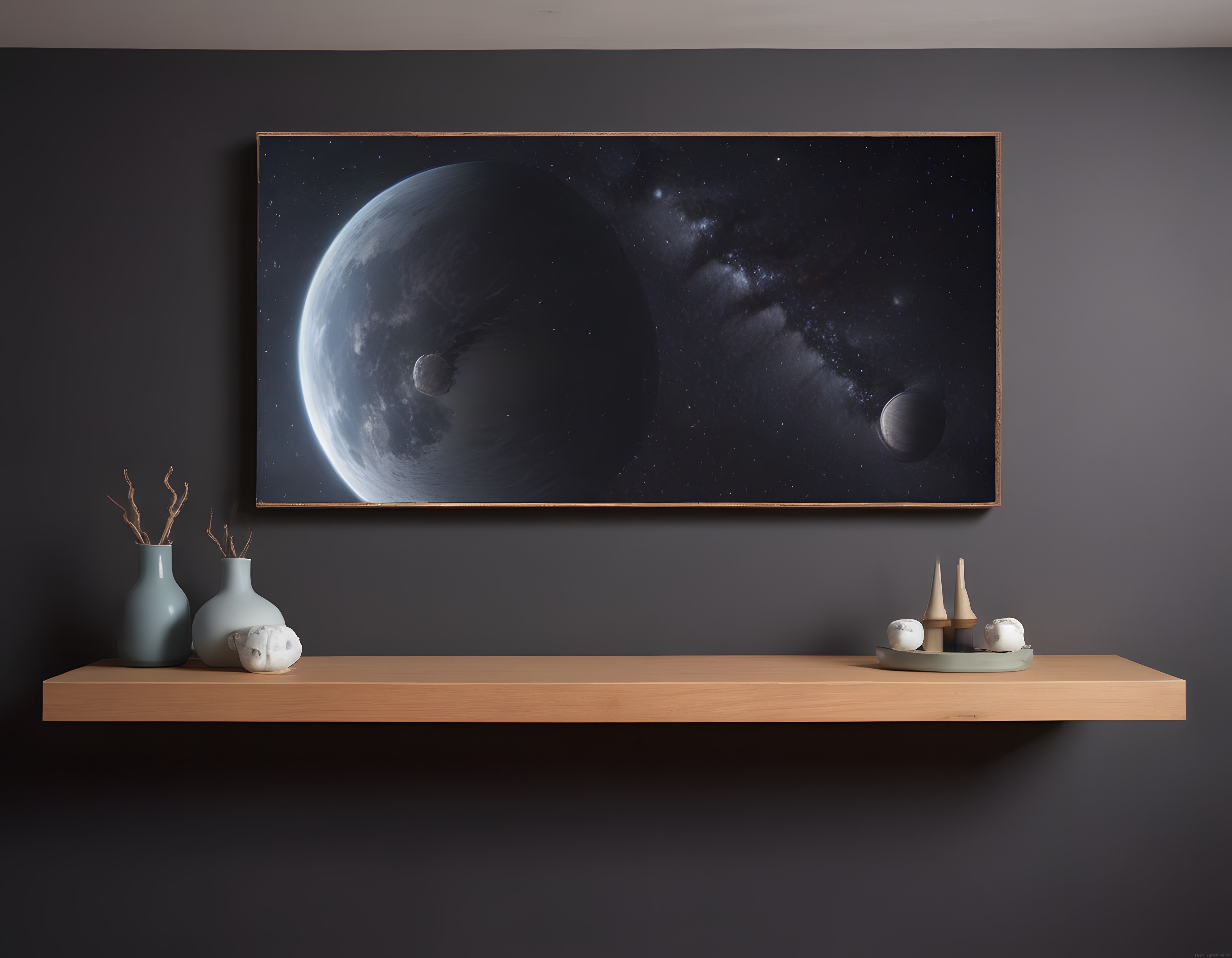 Koyu Duvar Üzerinde Uzay Temalı Minimalist Modern Dekorasyon ve Ahşap Raf