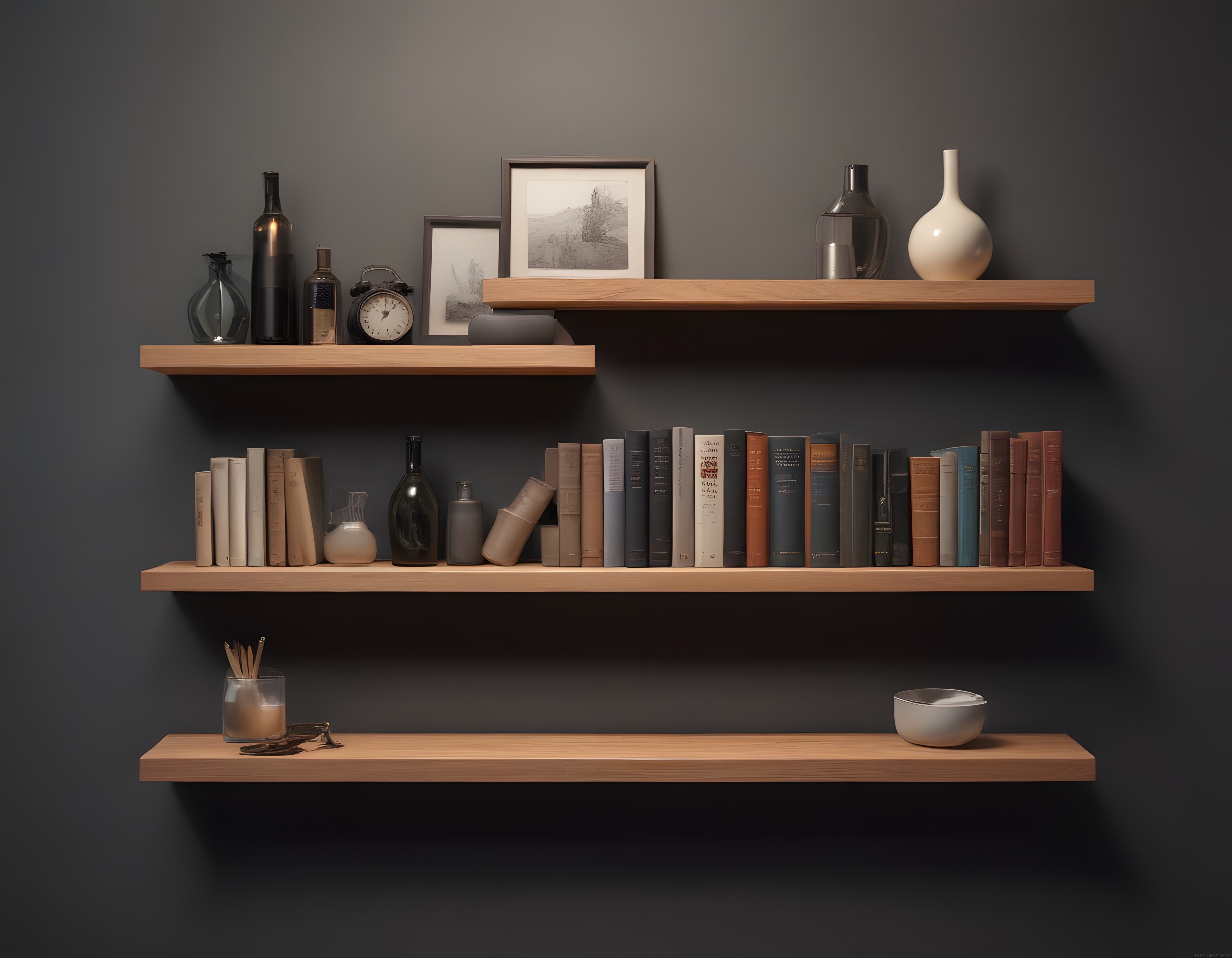 Koyu Duvarlarda Modern Ahşap Raflar ve Minimalist Kitaplık Dekorasyonu