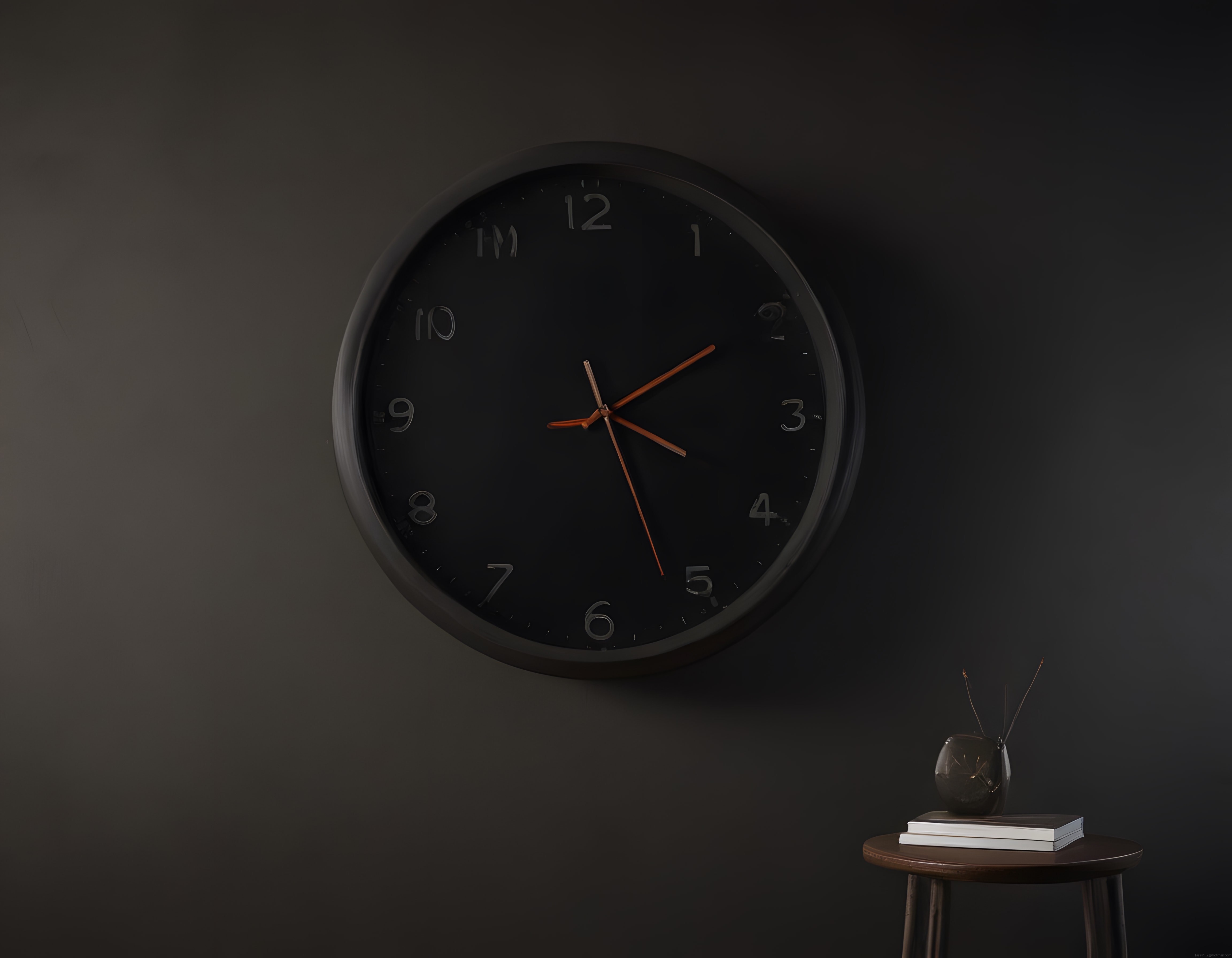 Koyu duvarlarda şık duvar saati ve minimalist iç mekan dekorasyonu