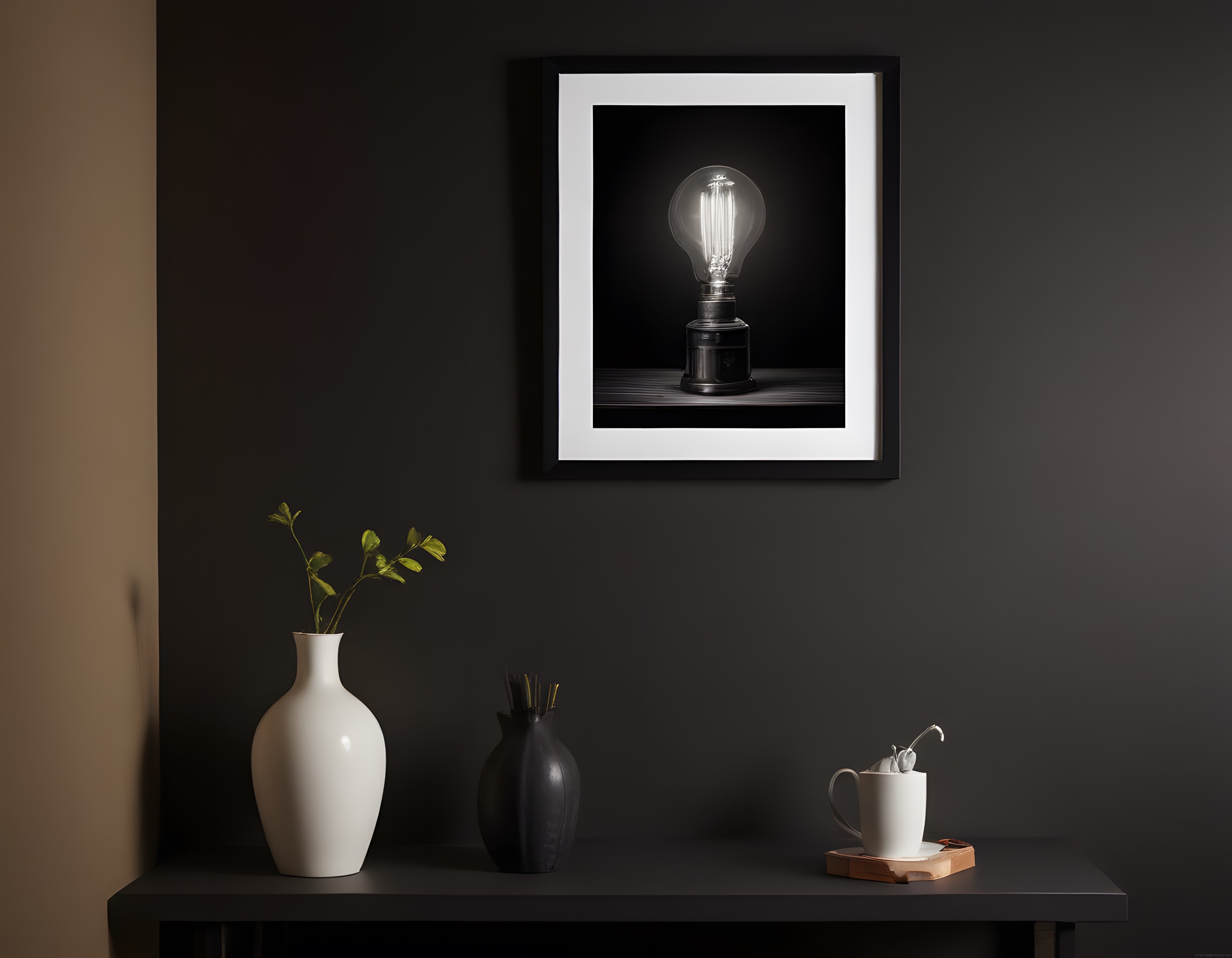 Koyu Duvarlı Minimalist Çalışma Odası Dekorasyonu ve Ampul Tablosu