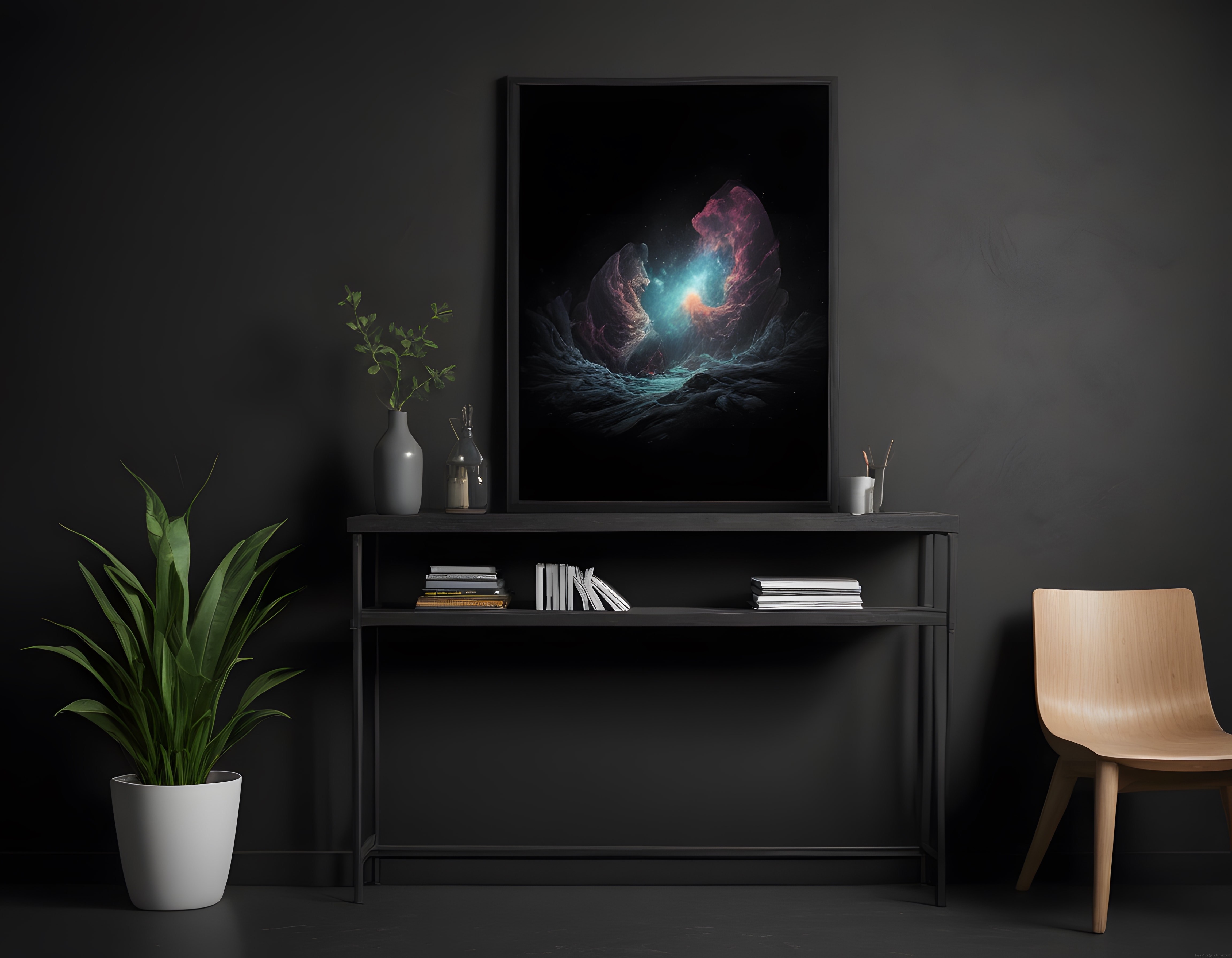 Koyu Duvarlı Modern Salonda Uzay Temalı Poster ve İç Mekan Bitkileri