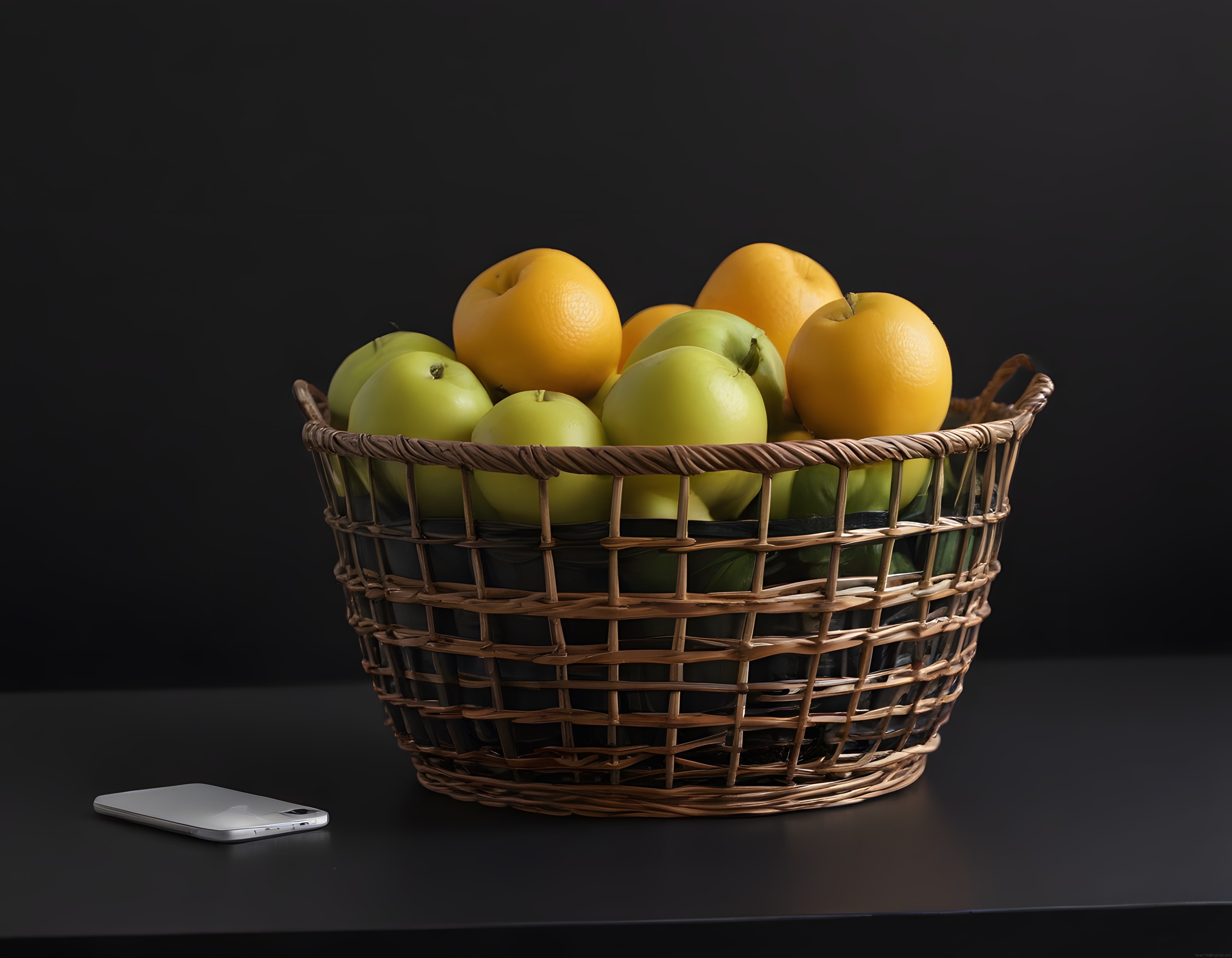 Koyu Fon Üzerinde Hasır Sepette Taze Yeşil Elma ve Sarı Meyve Aranjmanı