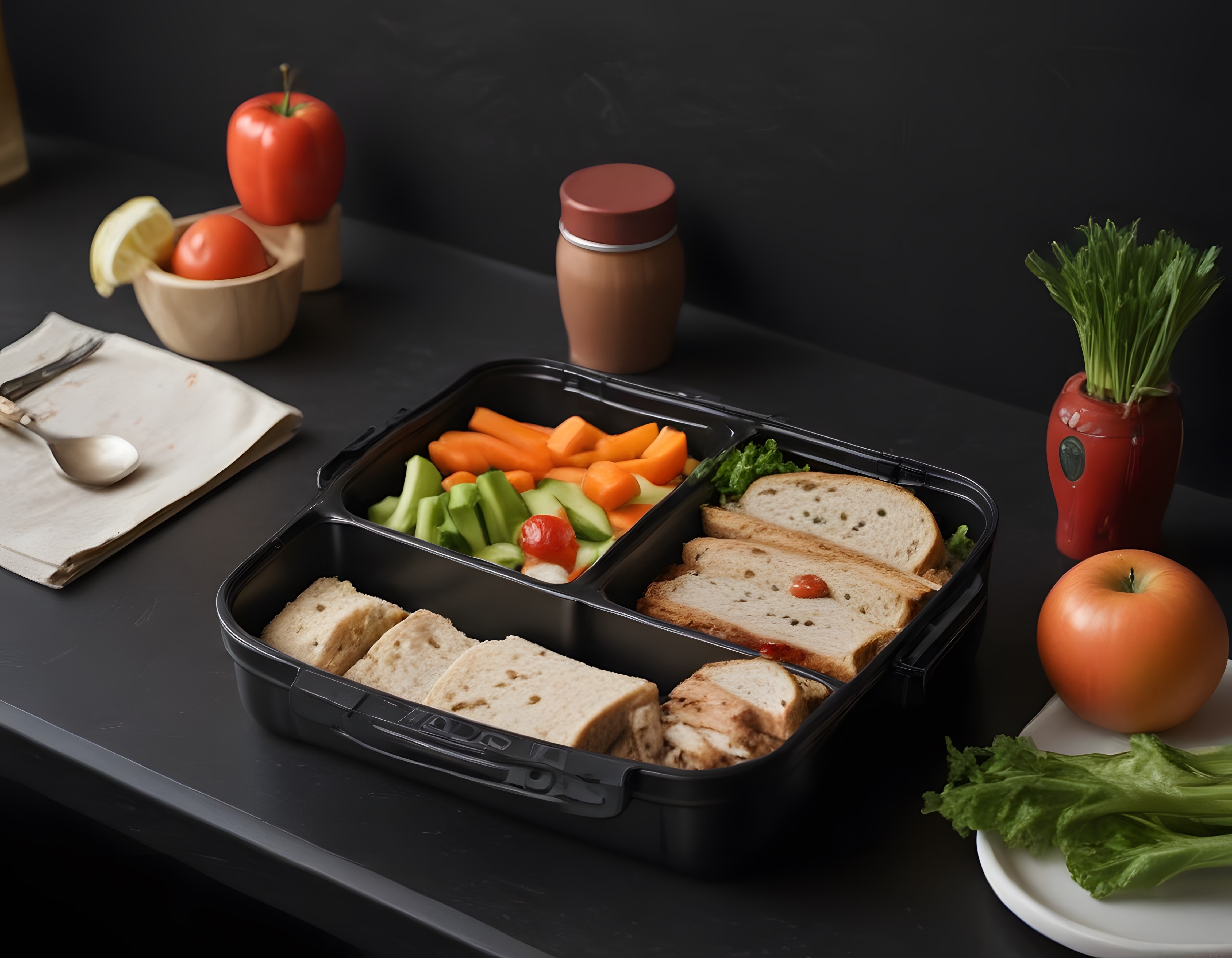 Koyu Fon Üzerinde Sağlıklı Öğle Yemeği: Tostlu ve Sebzeli Pratik Beslenme Kabı