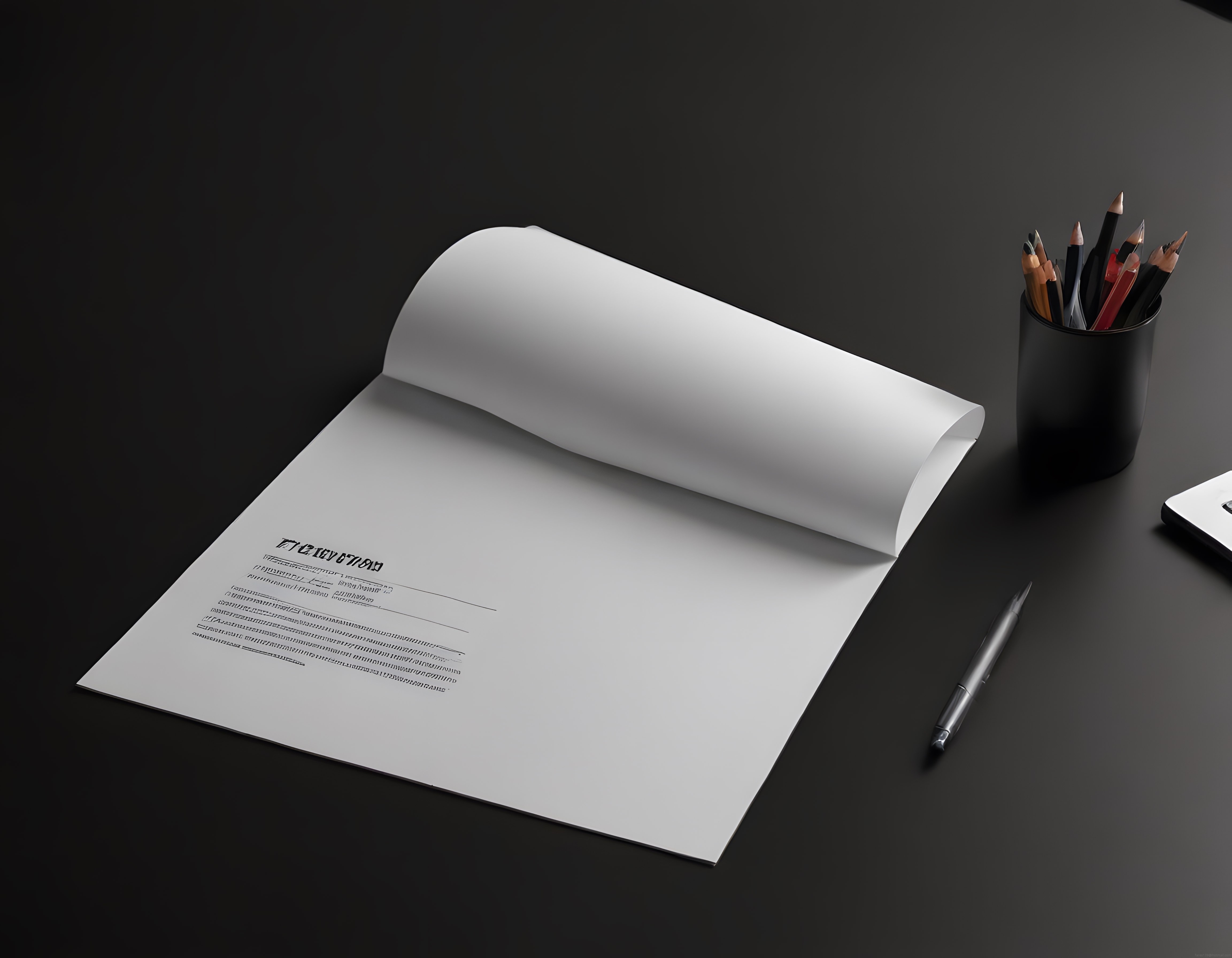 koyu fon üzerinde şık kitap mockup ve ofis aksesuarları ile marka sunumu