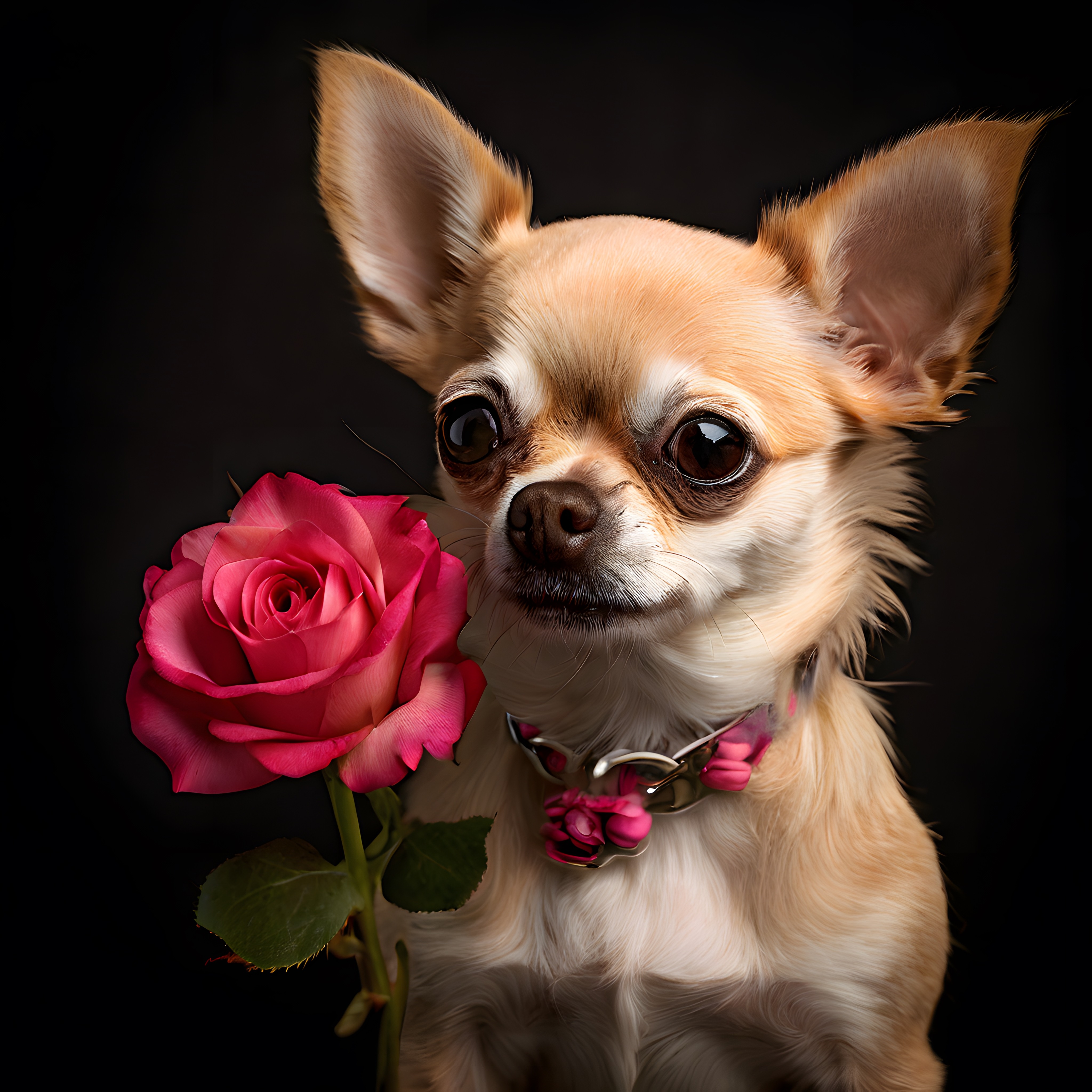 Koyu Fon Üzerinde Uzun Tüylü Chihuahua ve Canlı Pembe Gül Portresi