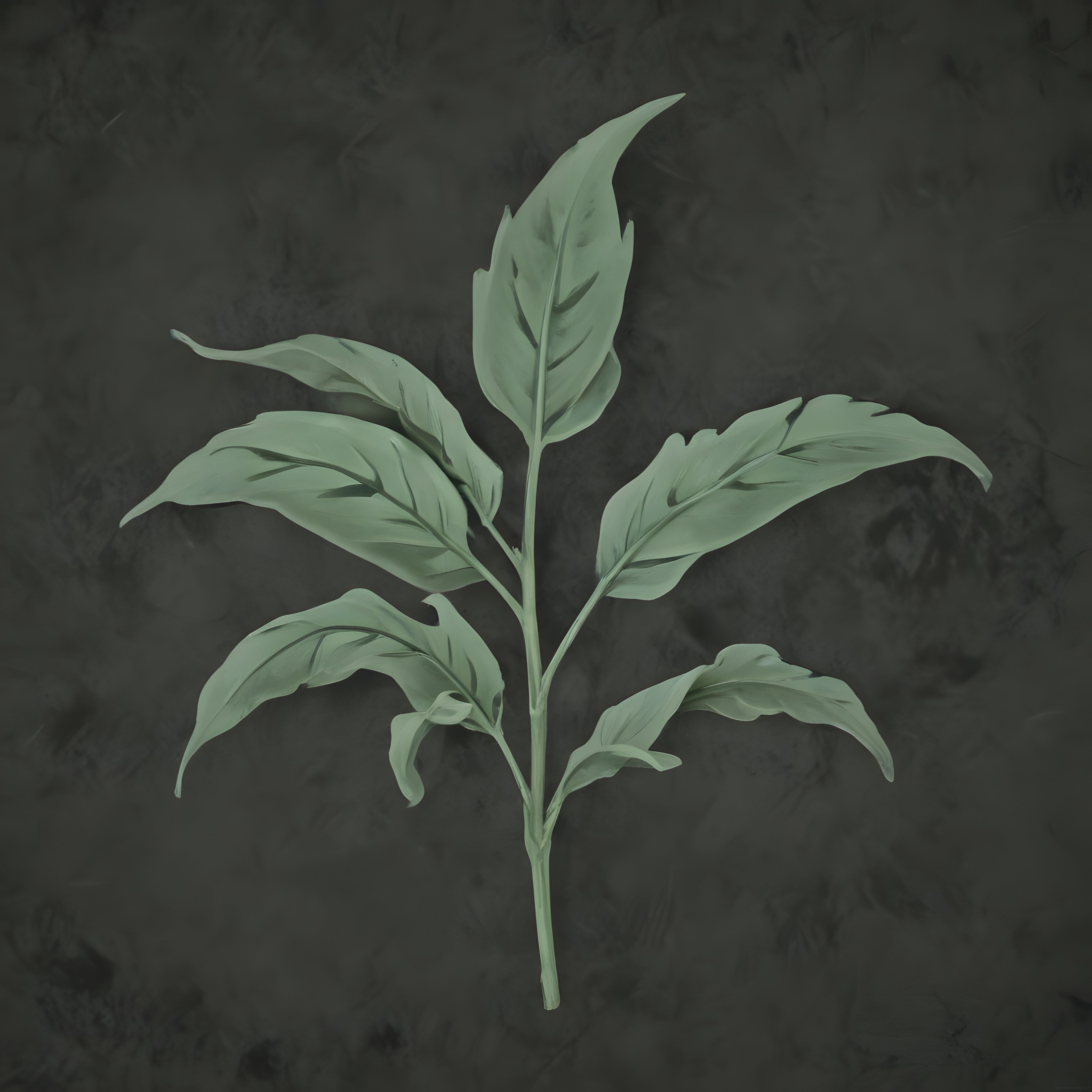 Koyu Gri Arka Planda Narin Mint Yeşili Yapraklı Minimalist Bitki Dalı