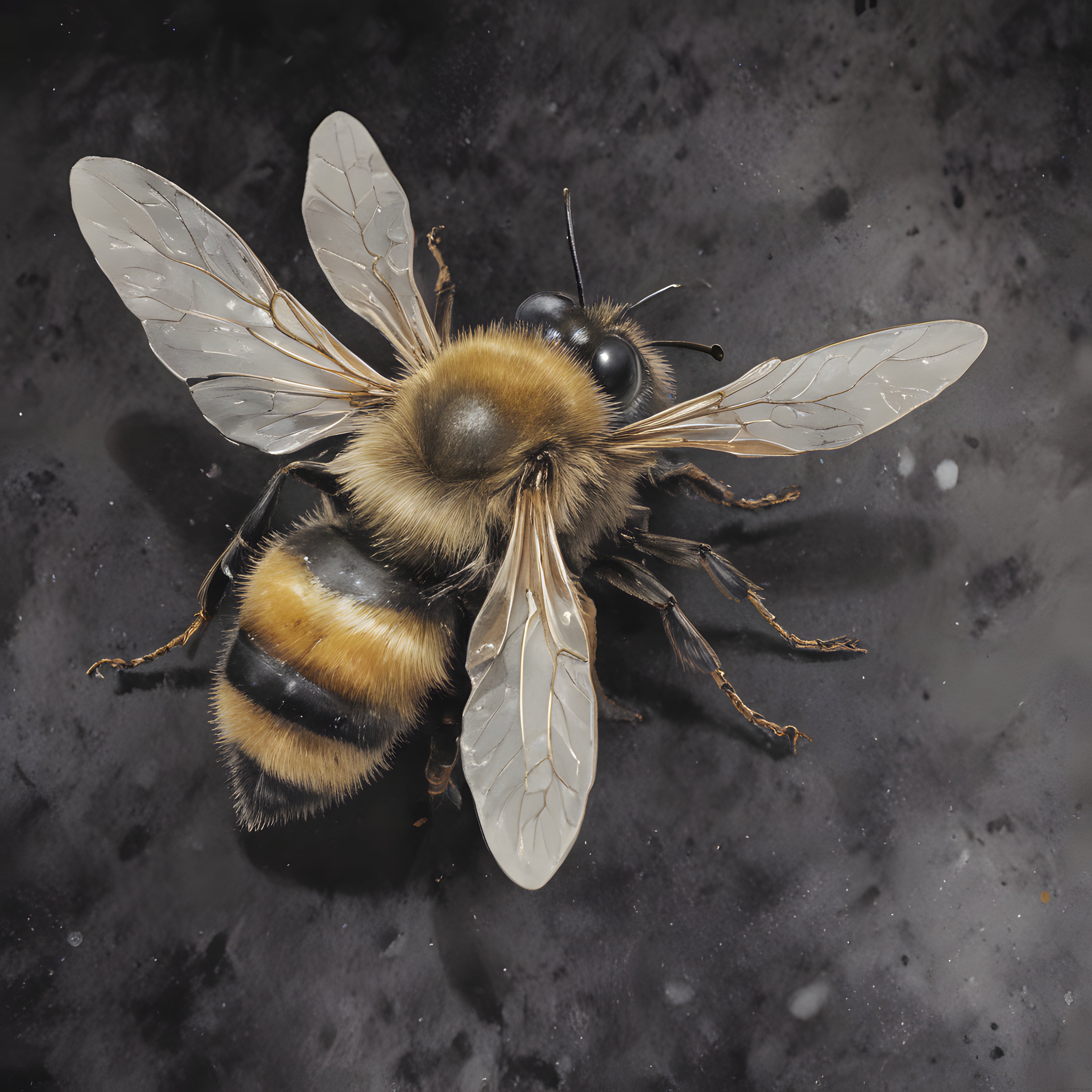 Koyu Islak Zeminde Kanat Detaylarıyla Tüylü Bombus Arısı Makro Fotoğraf