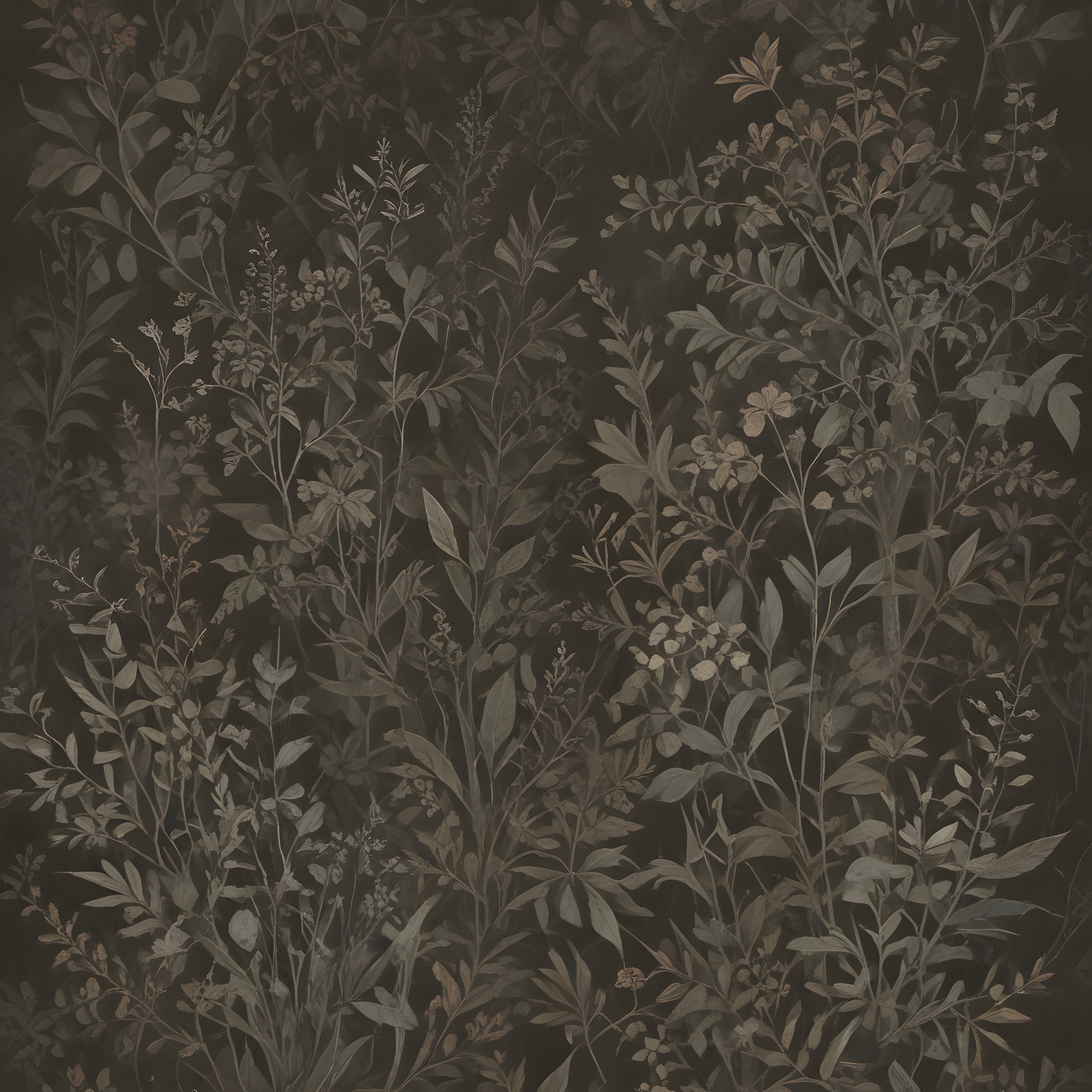 Koyu Kahve Zeminde Antik Herbarium Botanik Bitki Deseni Sanatsal Fon