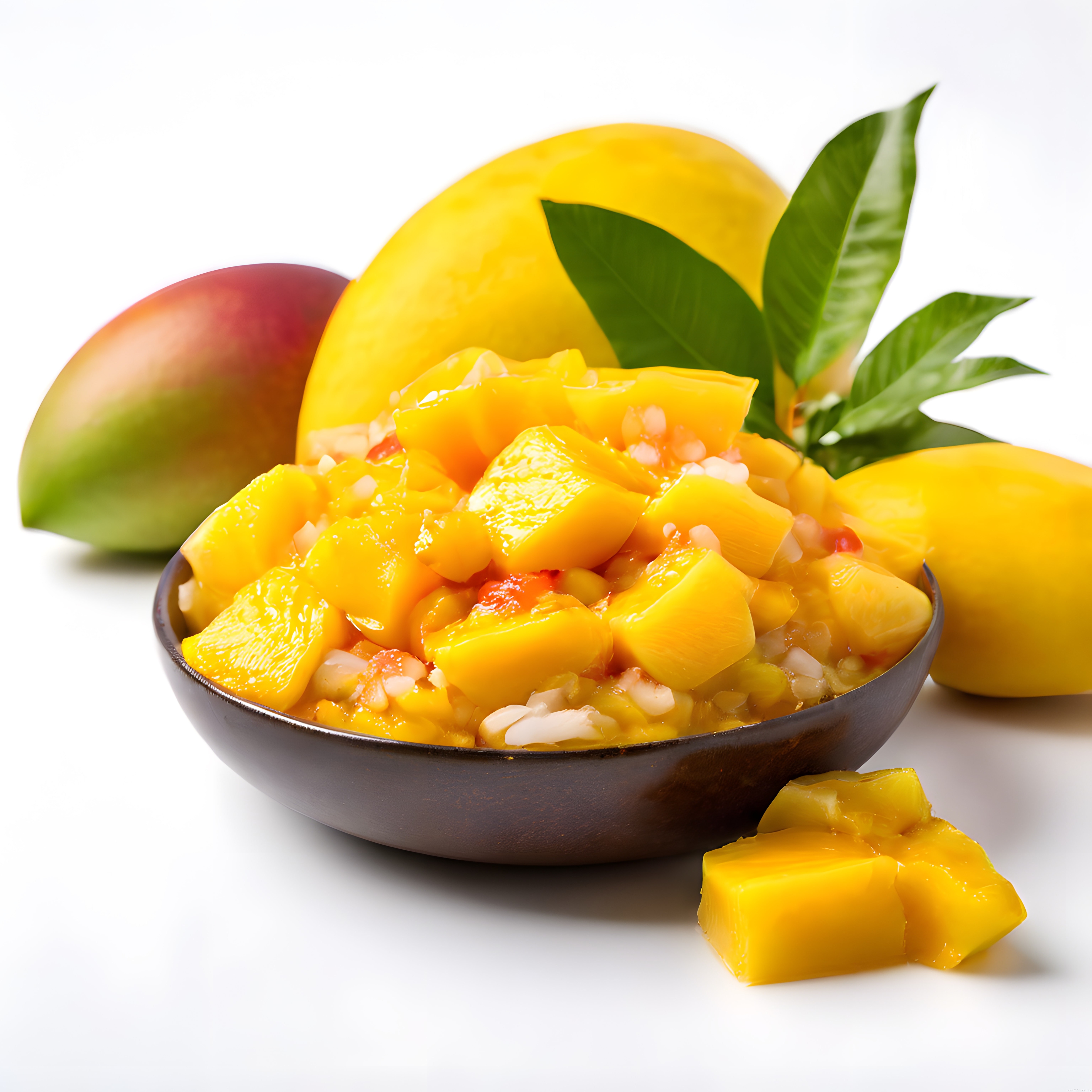 Koyu Kasede Parlak Sarı Mango Küpleri ve Taze Yapraklarla Egzotik Sunum