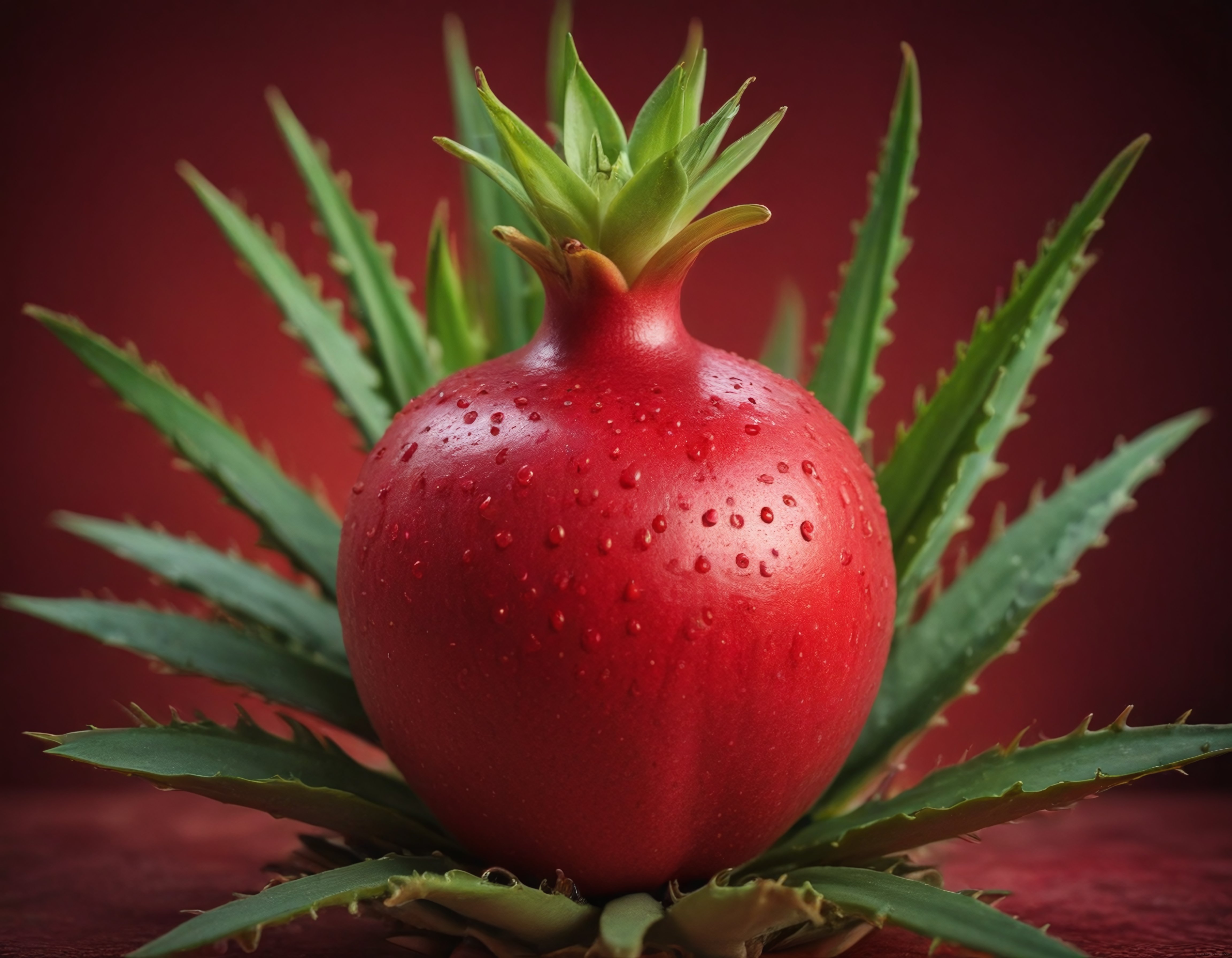 Koyu Kırmızı Zemin Üzerinde Su Damlacıklı Nar ve Aloe Vera Yaprağı