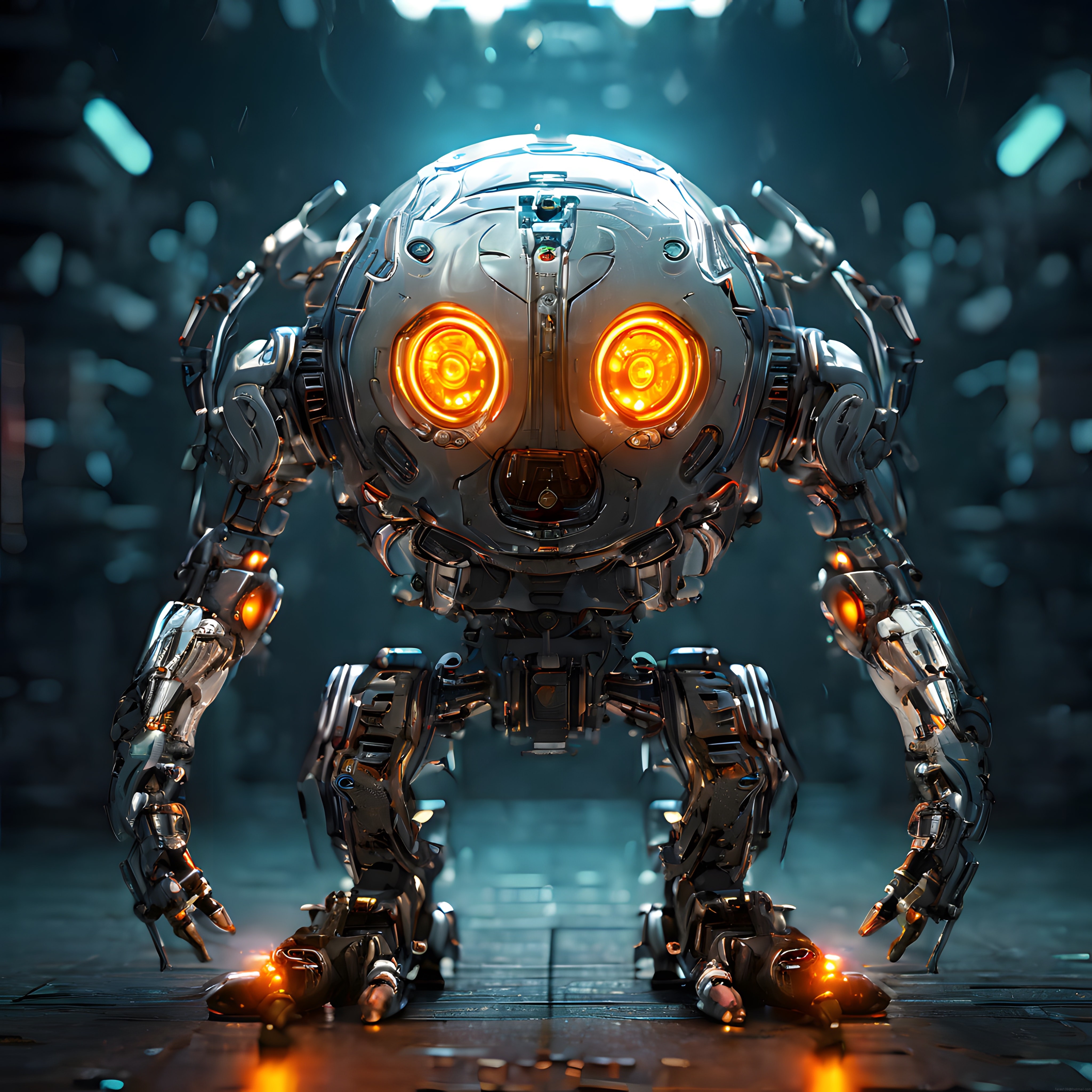 Koyu Mavilikler İçinde Turuncu Gözleriyle Parlayan Devasa İnsansı Robot