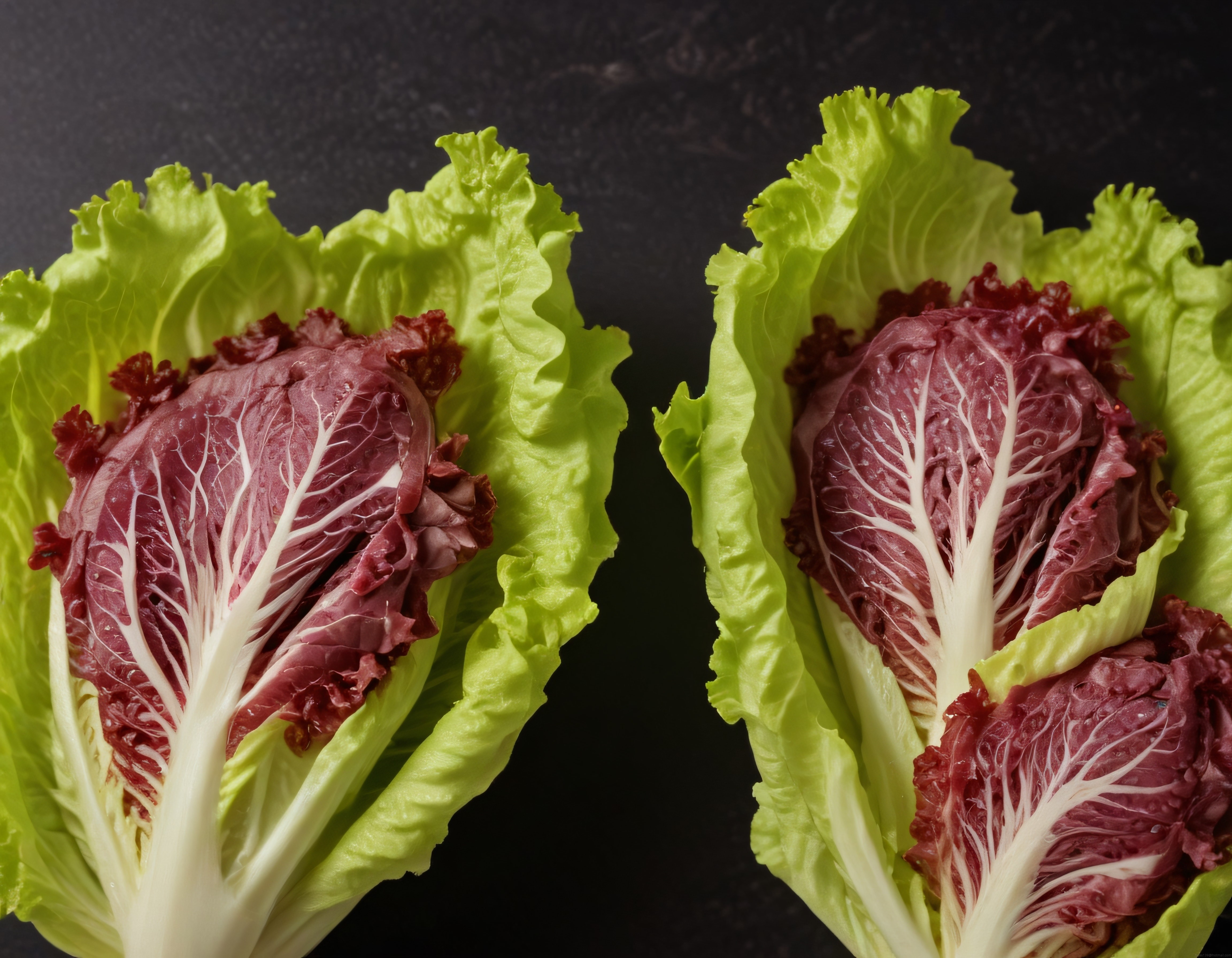 Koyu Mermer Üzerinde Taze Kırmızı Radicchio ve Yeşil Marul Yaprakları