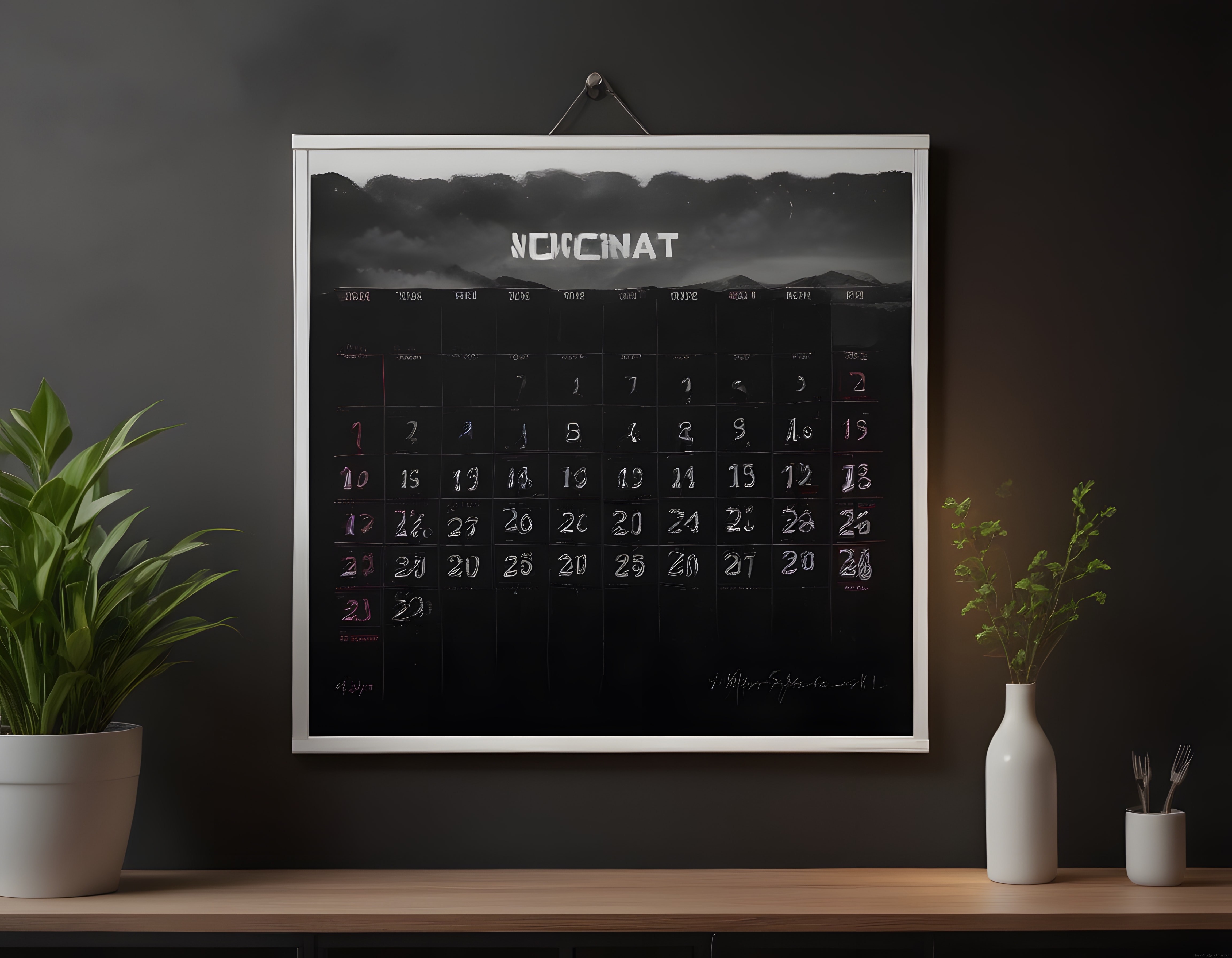 Koyu Ofis Duvarında Asılı Çerçeveli Takvim ve Minimalist Bitki Dekorasyonu