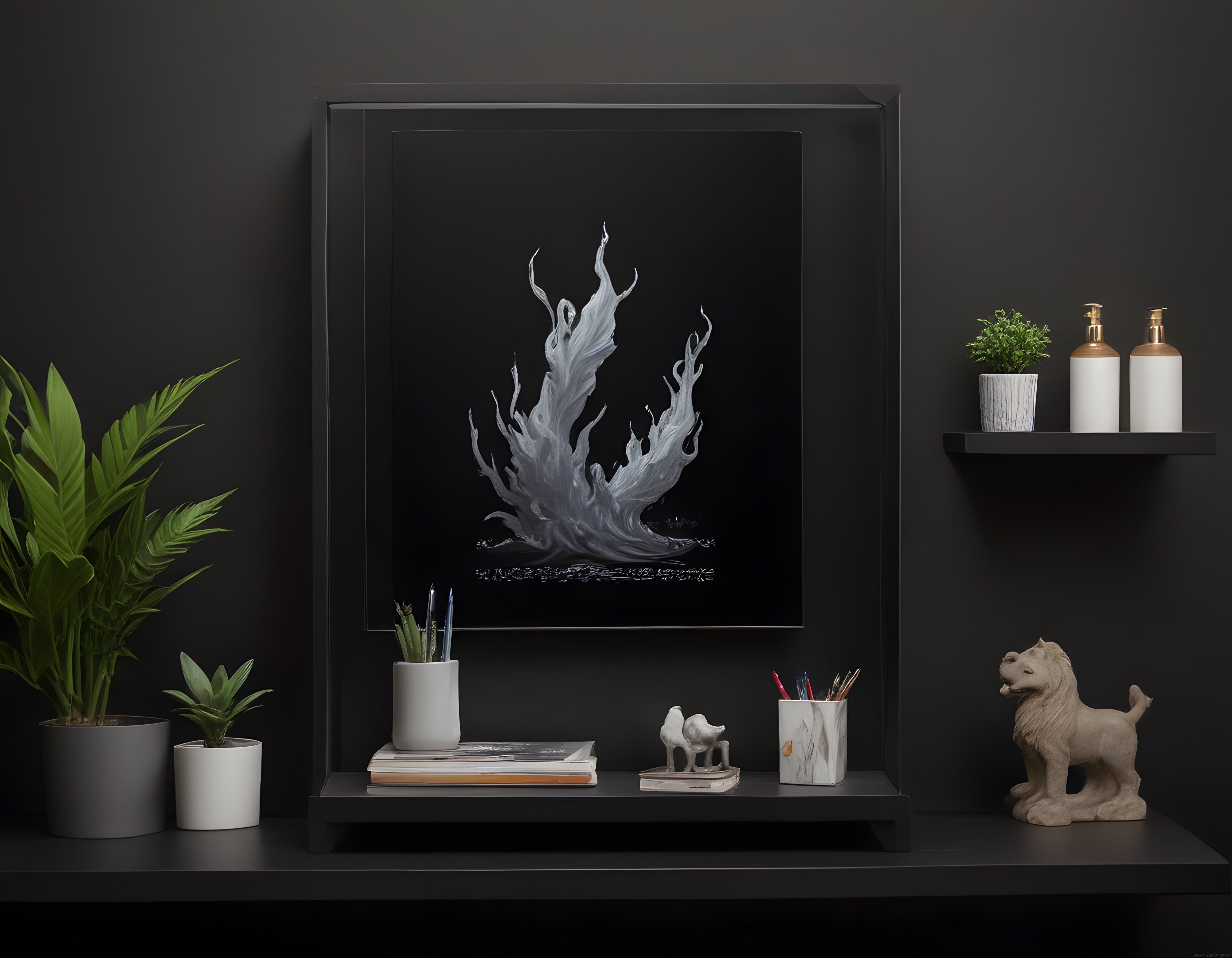 Koyu Renkli Duvarlarda Soyut Tablo ve Modern Minimalist Ev Dekorasyonu
