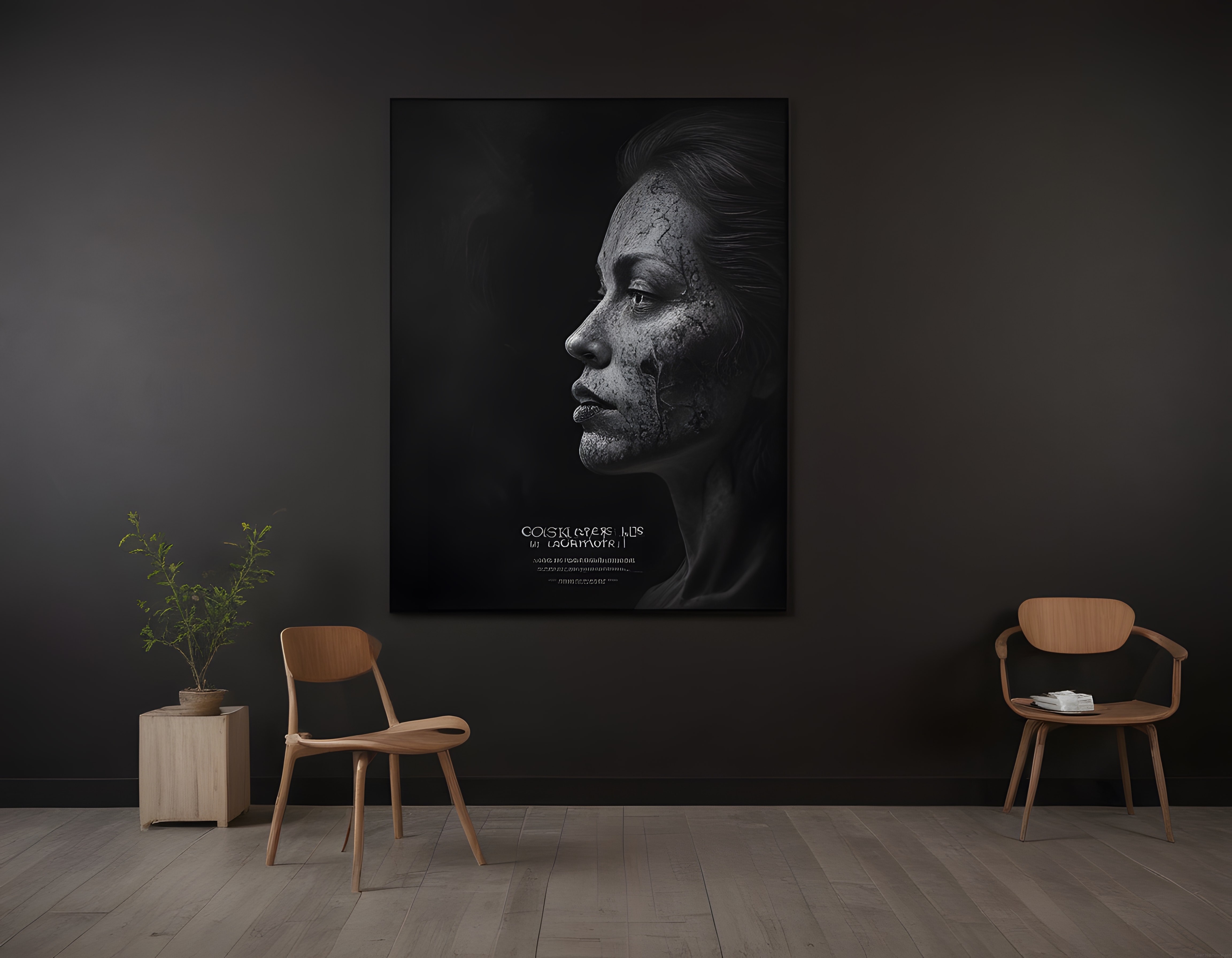 Koyu tonlarda galeri alanında büyük boy çatlak dokulu sanat portresi ve minimal mobilyalar