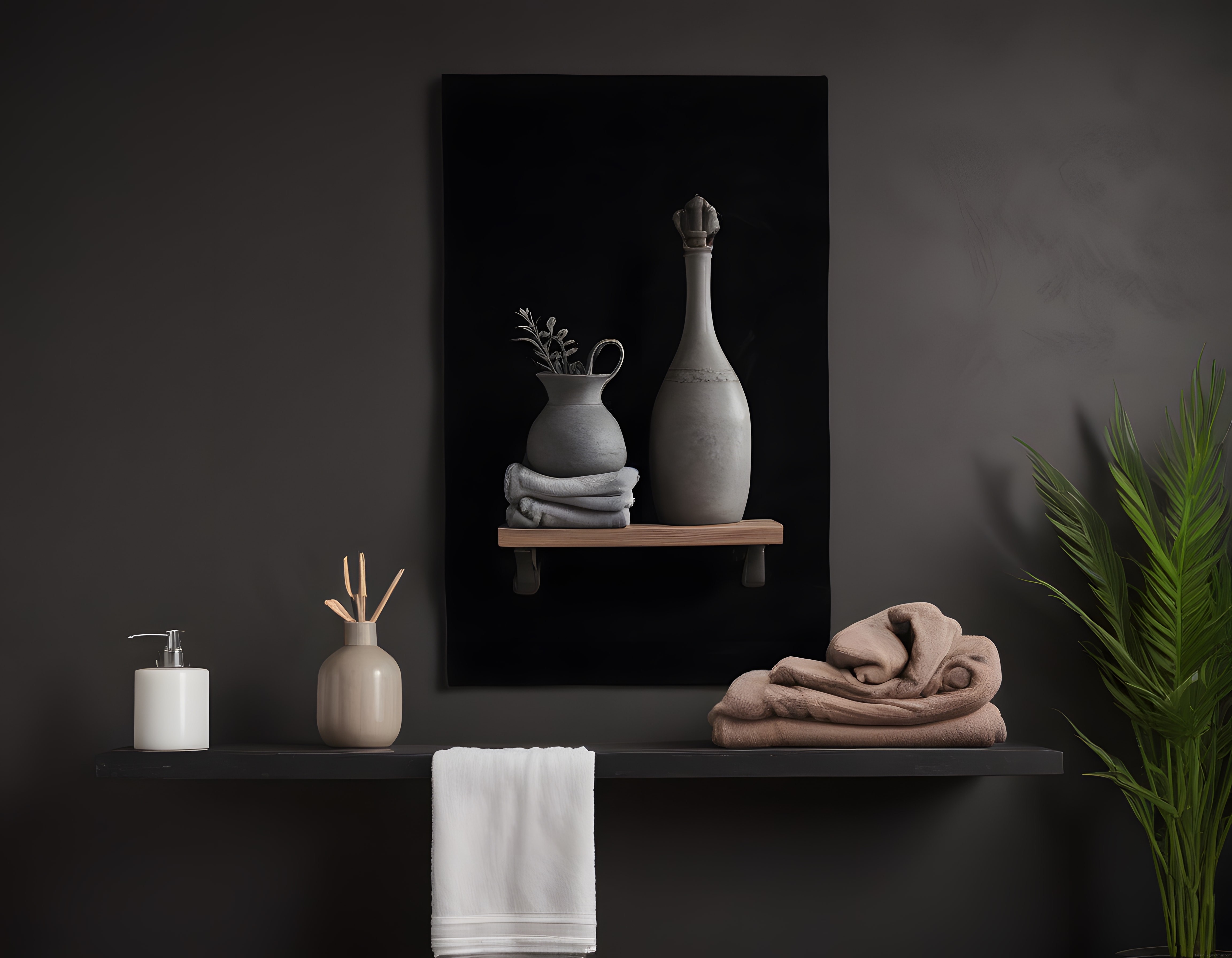 Koyu Tonlarda Lüks Banyo Dekorasyonu ve Minimalist Spa Aksesuarları